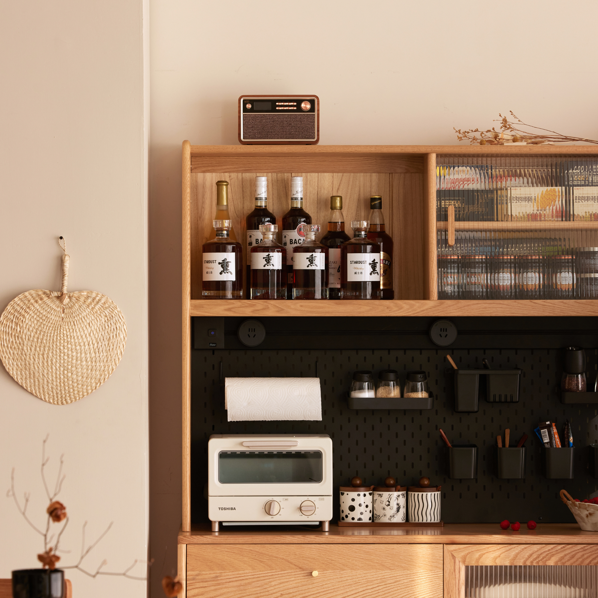 Solidwood Hemura Tall Sideboard with Pegboard, W180cm, Oak