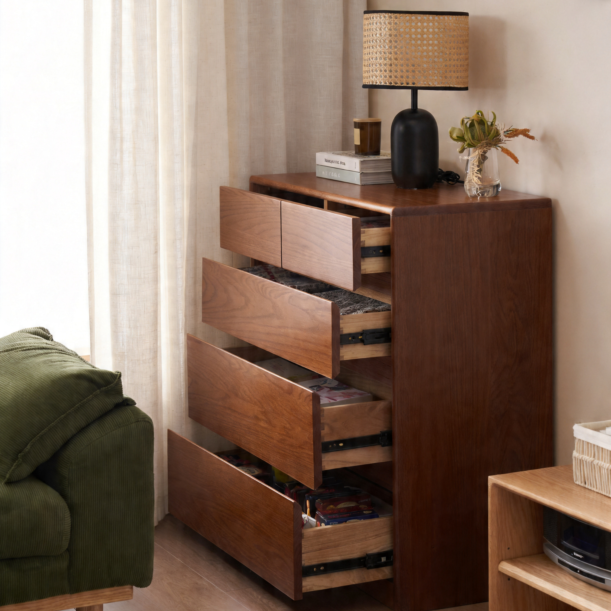 Solidwood Hemura Chest of 5 Drawers, Walnut Oak