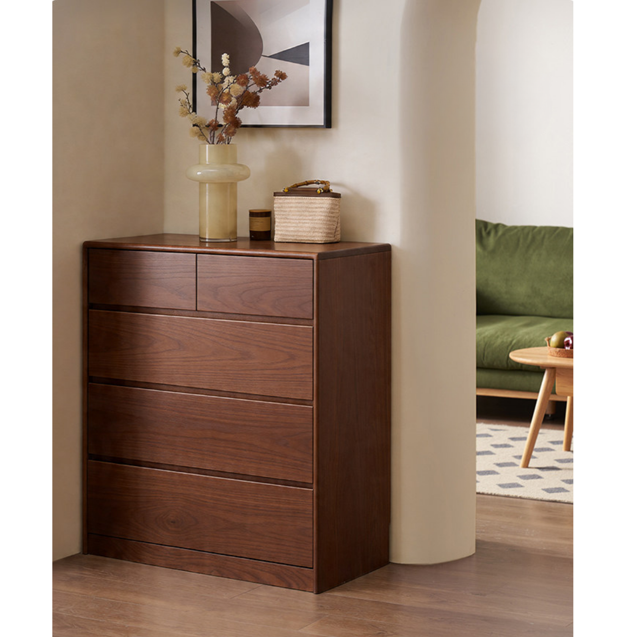 Solidwood Hemura Chest of 5 Drawers, Walnut Oak