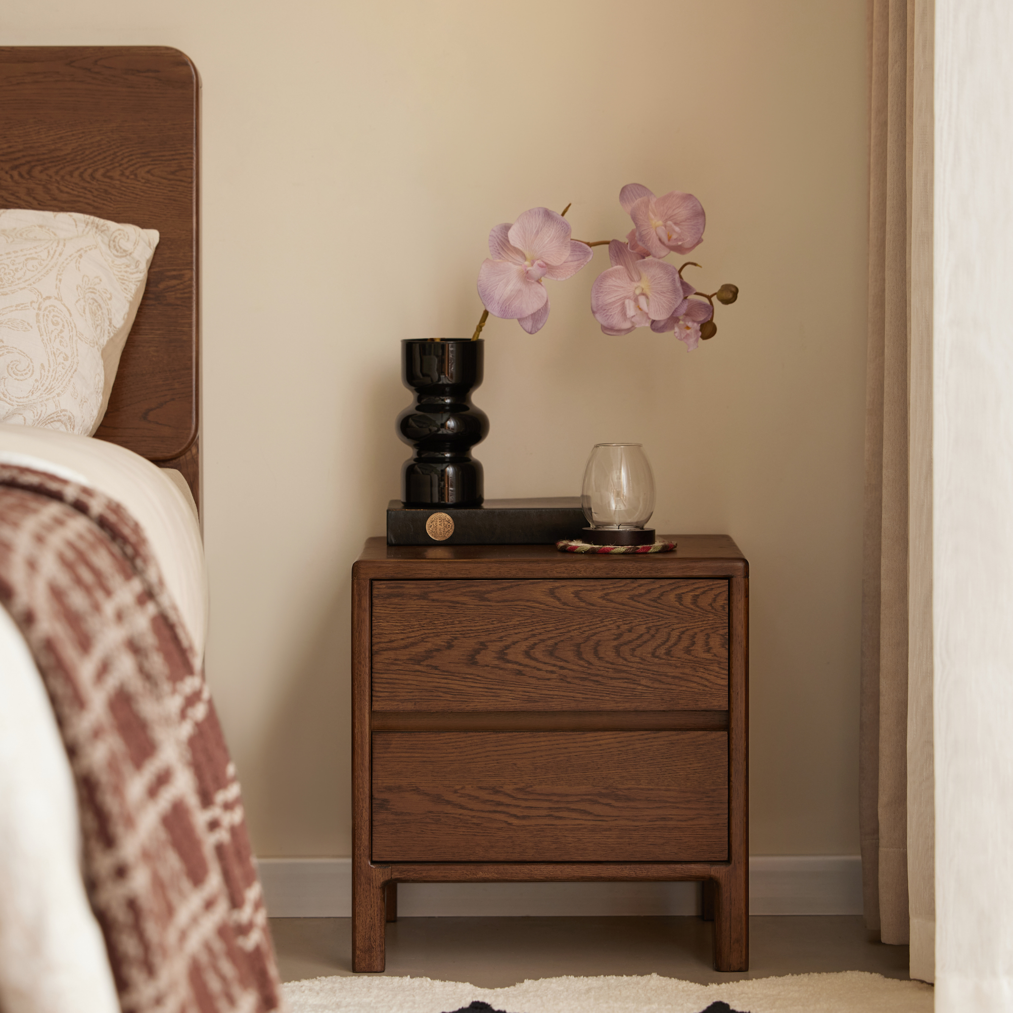 Solidwood Hemura 2-Drawer Bedside Table, Oak