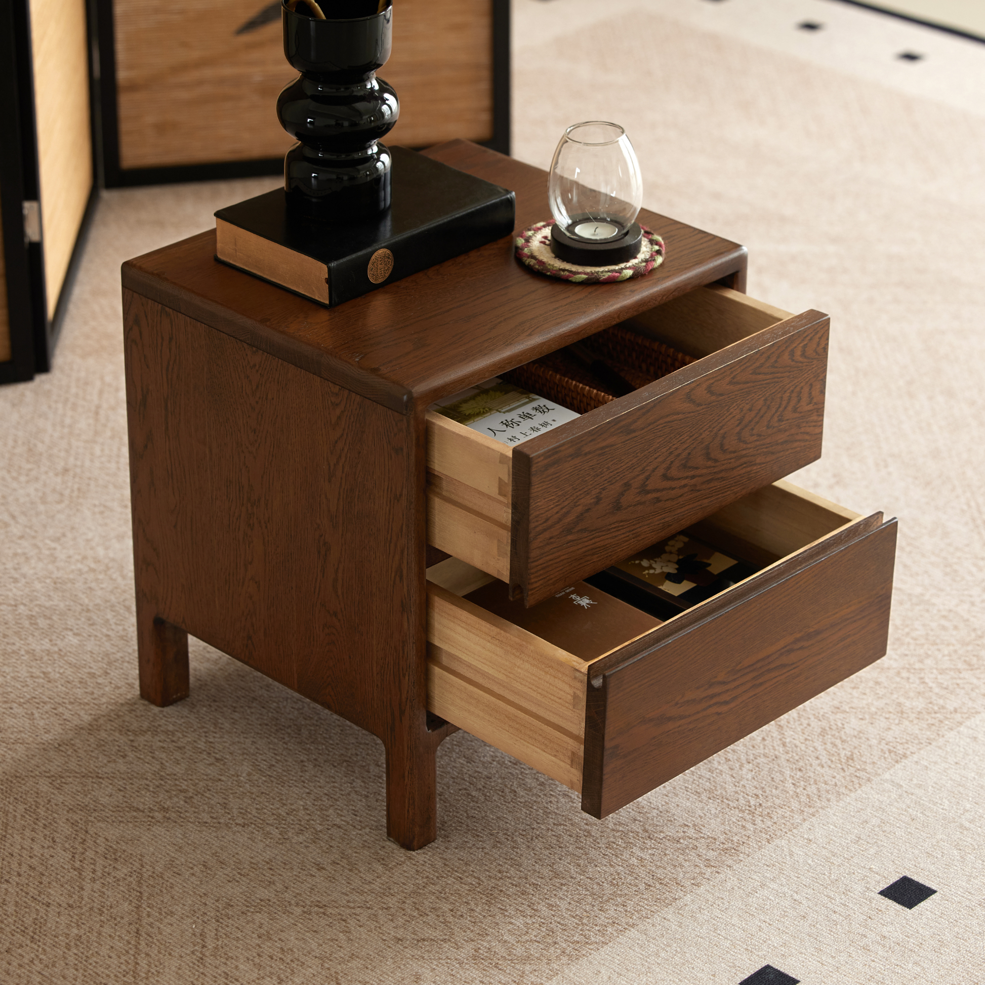 Solidwood Hemura 2-Drawer Bedside Table, Oak