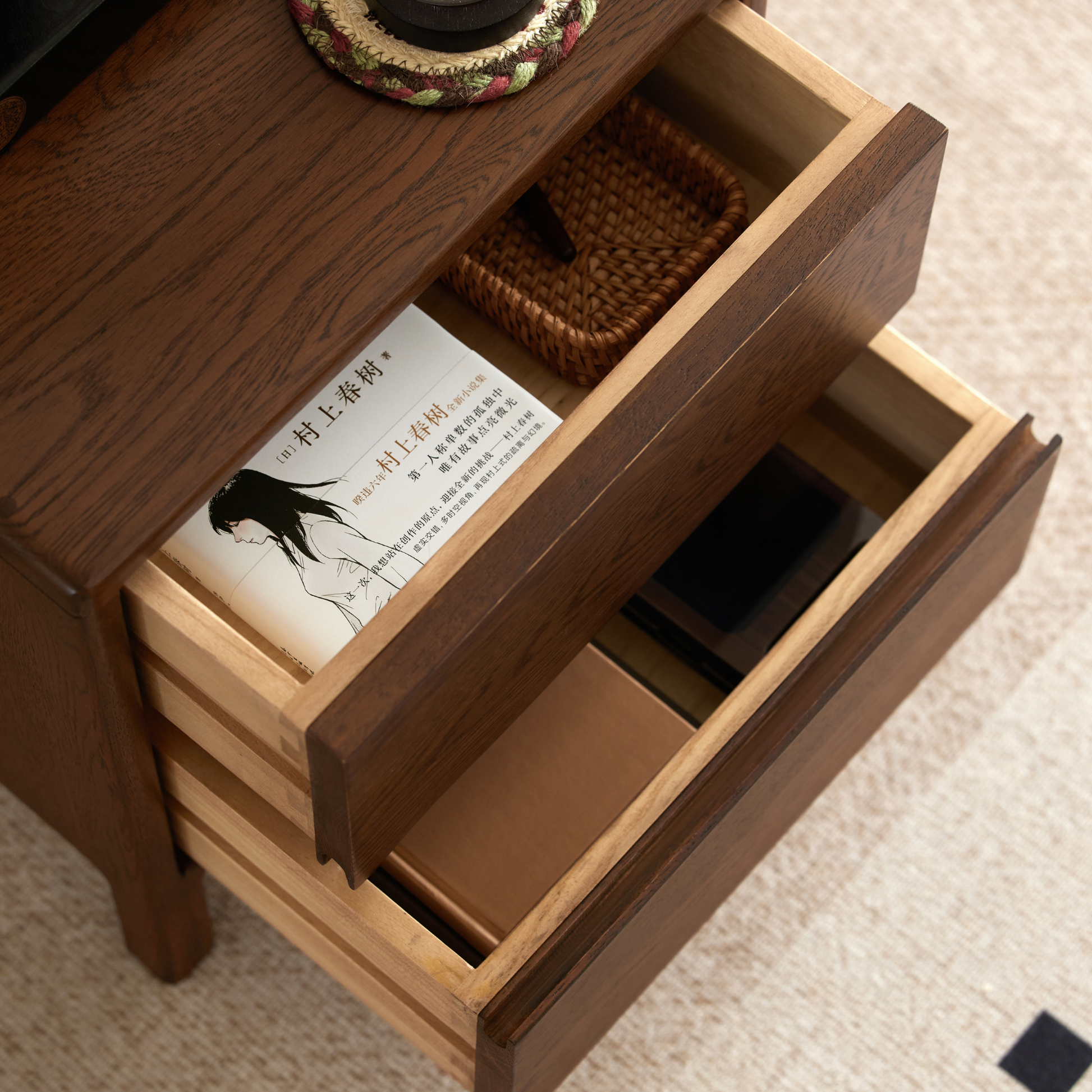 Solidwood Hemura 2-Drawer Bedside Table, Oak
