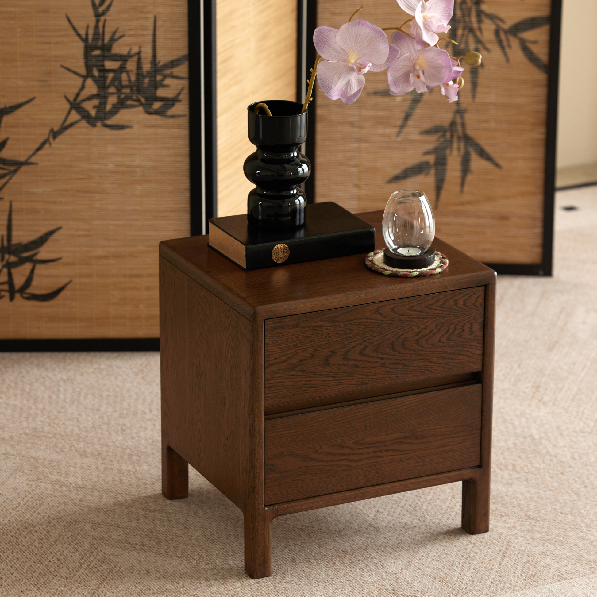 Solidwood Hemura 2-Drawer Bedside Table, Oak