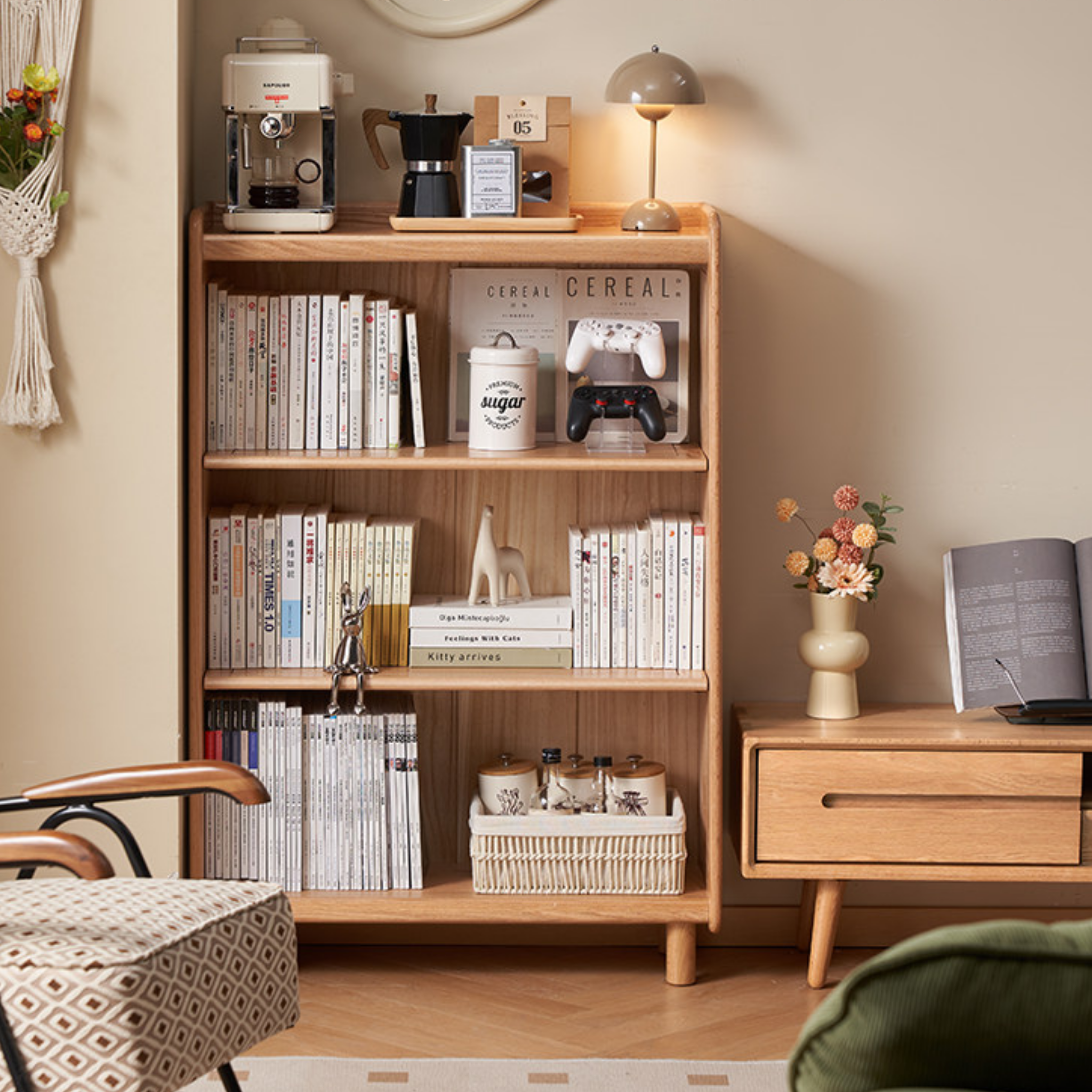 Solidwood Amber 3-Tier Bookcase with Adjustable Shelves, Oak