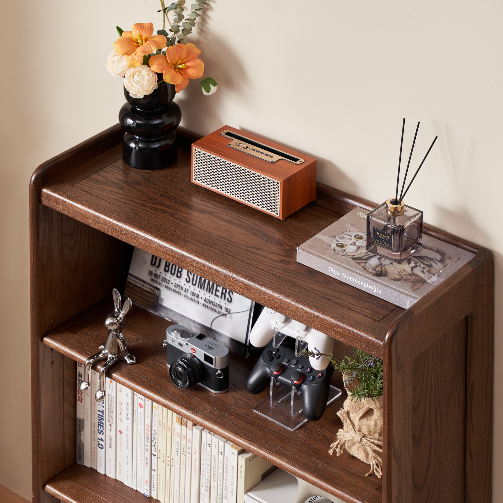 Solidwood Amber Adjustable 3-Tier Bookcase with Adjustable Shelves, Walnut Oak