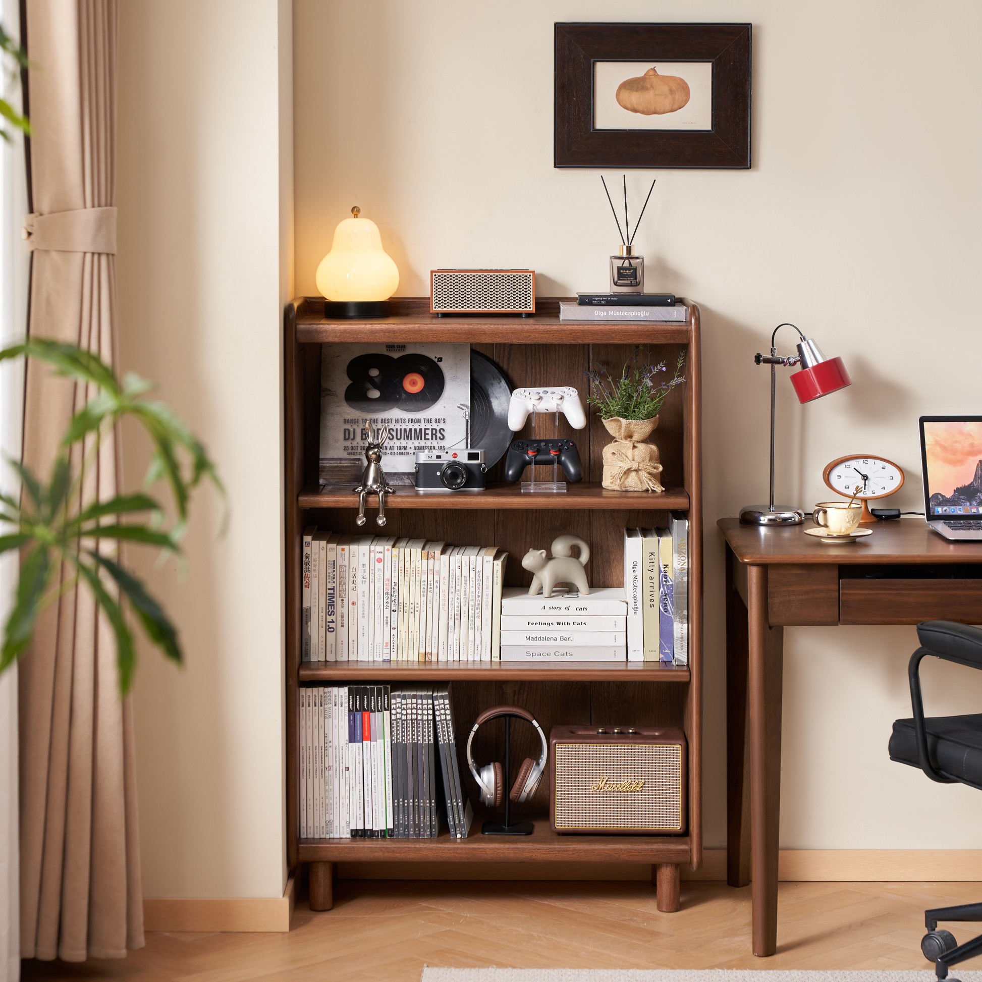 Solidwood Amber Adjustable 3-Tier Bookcase with Adjustable Shelves, Walnut Oak