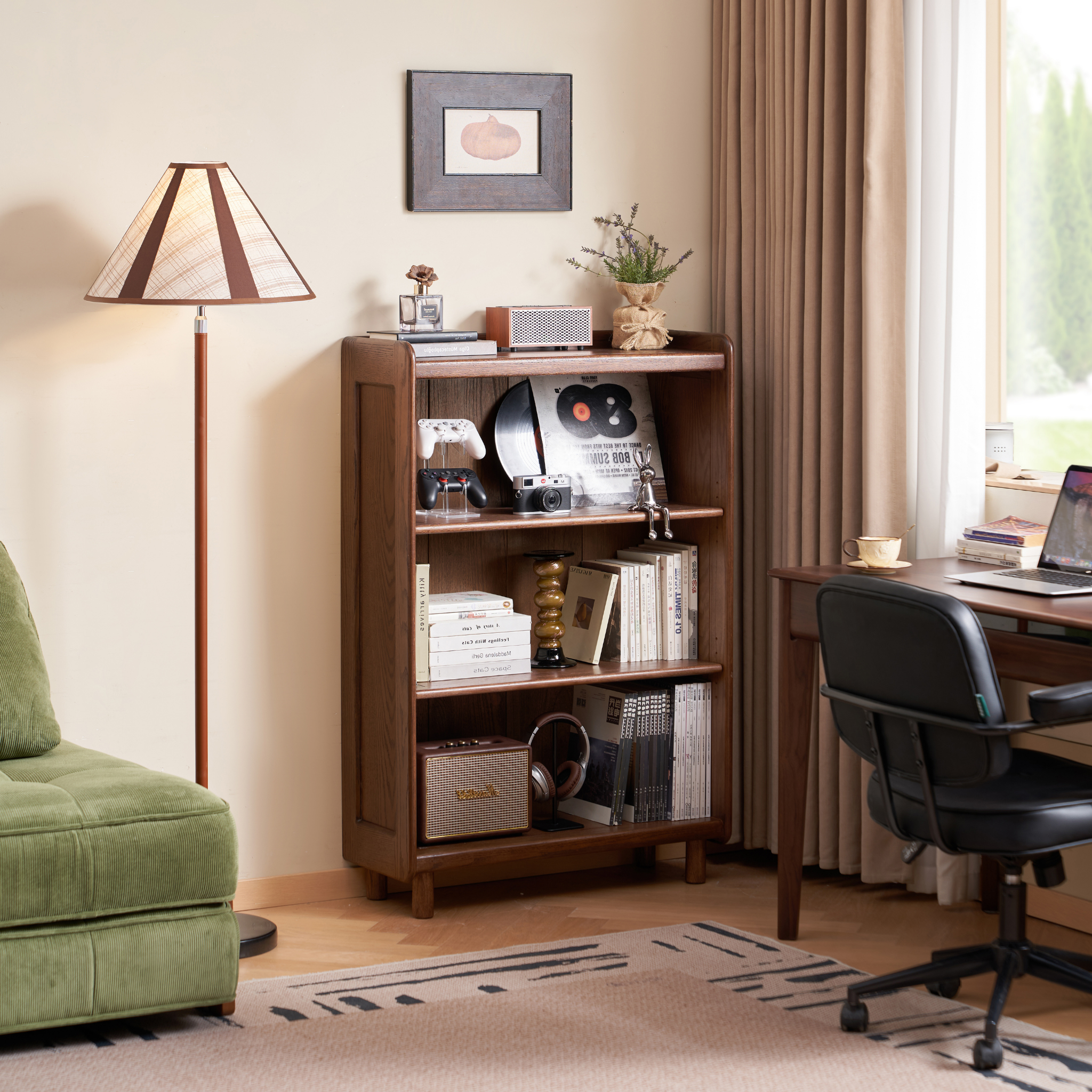 Solidwood Amber Adjustable 3-Tier Bookcase with Adjustable Shelves, Walnut Oak