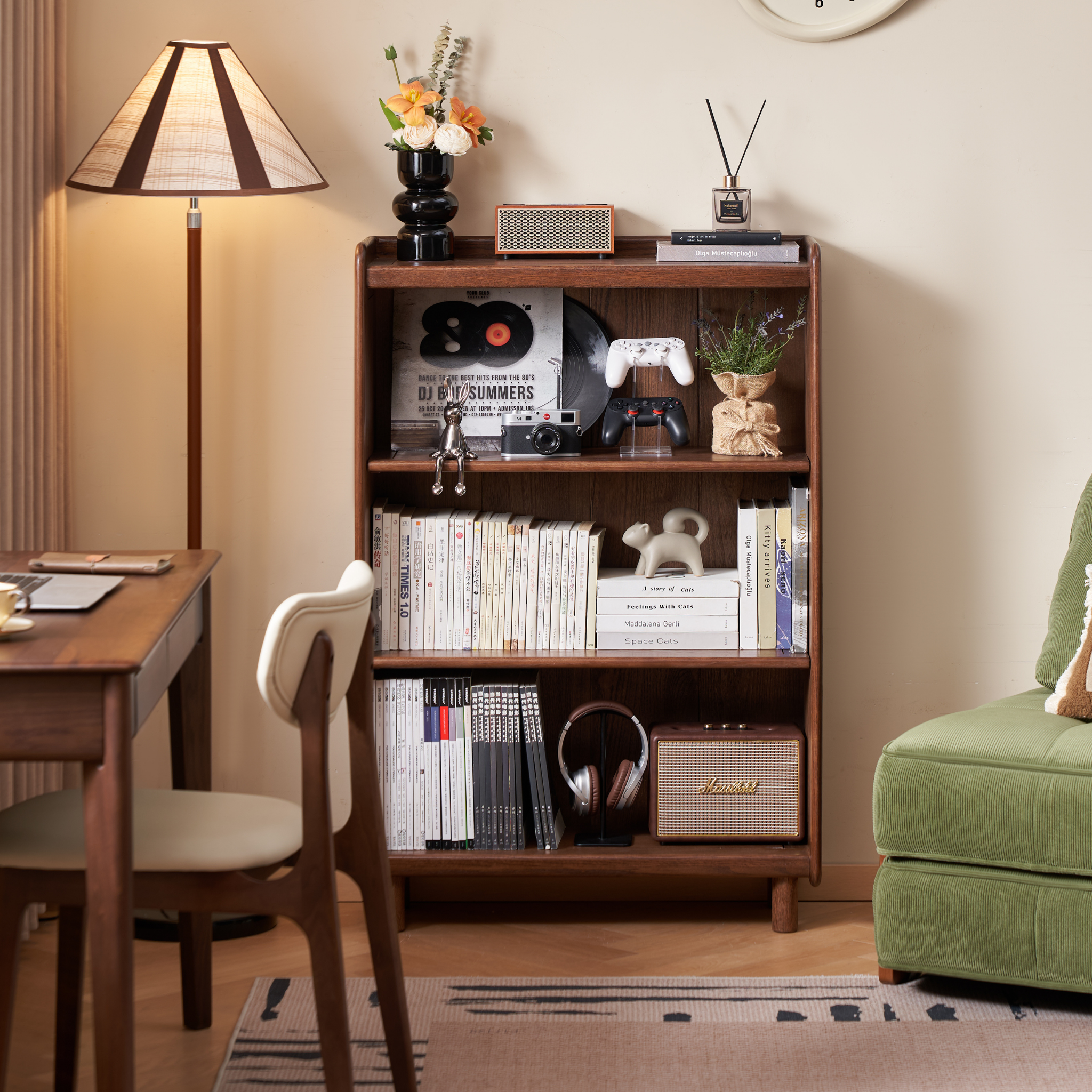 Solidwood Amber Adjustable 3-Tier Bookcase with Adjustable Shelves, Walnut Oak