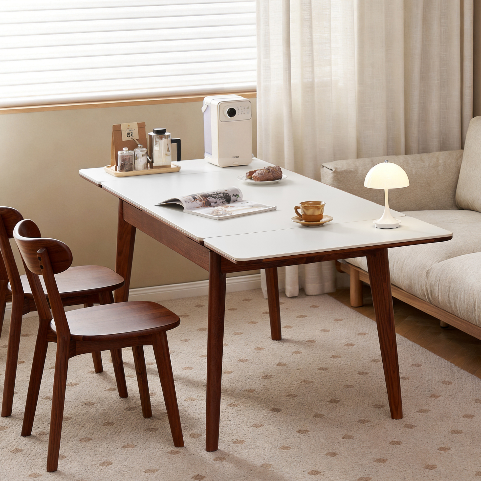 Solidwood Amber Extendable Dining Table with Sintered Stone Top, Oak, White & Dark Wood