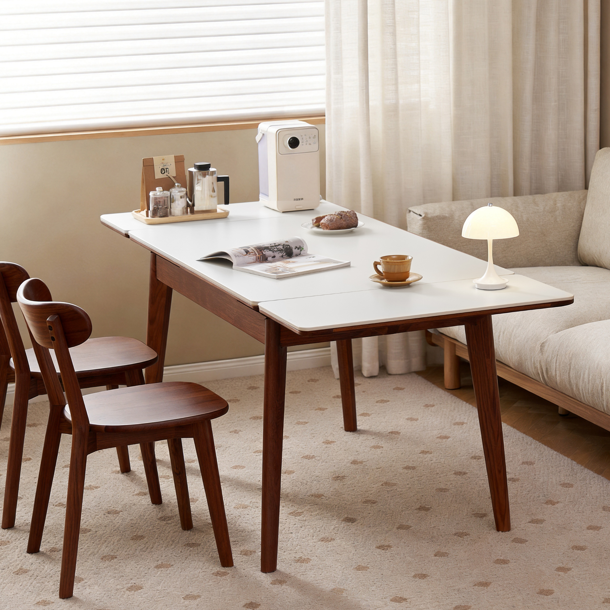 Solidwood Amber Extendable Dining Table with Sintered Stone Top, Oak, White & Dark Wood