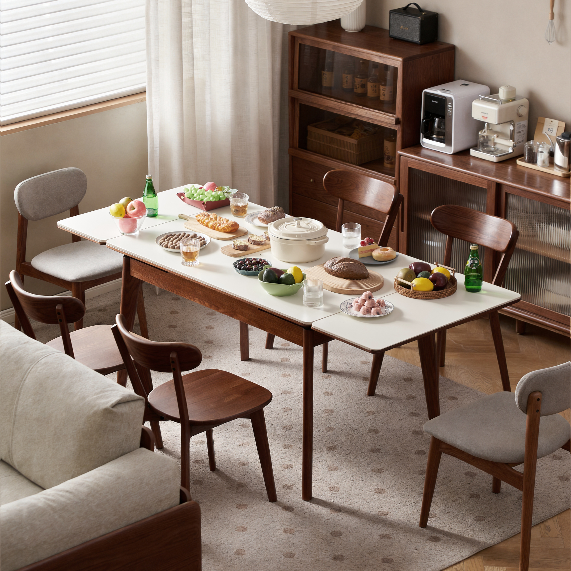 Solidwood Amber Extendable Dining Table with Sintered Stone Top, Oak, White & Dark Wood