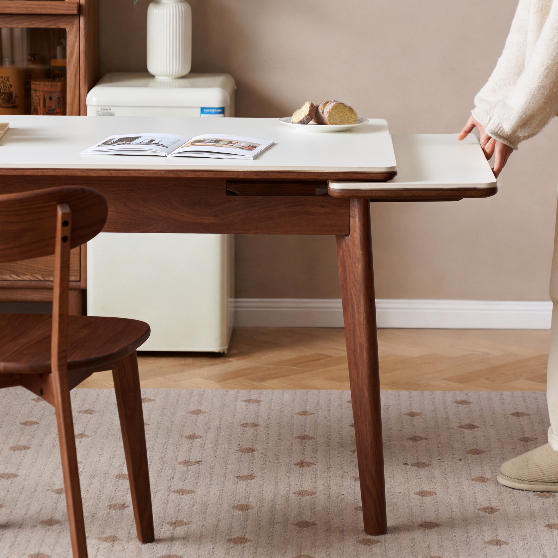 Solidwood Amber Extendable Dining Table with Sintered Stone Top, Oak, White & Dark Wood