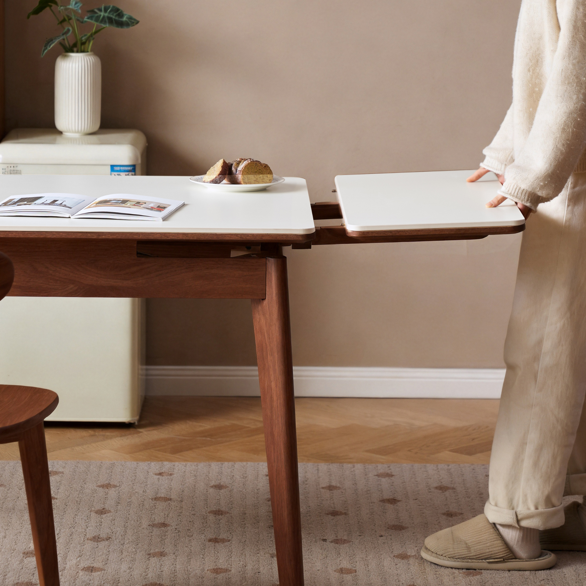 Solidwood Amber Extendable Dining Table with Sintered Stone Top, Oak, White & Dark Wood