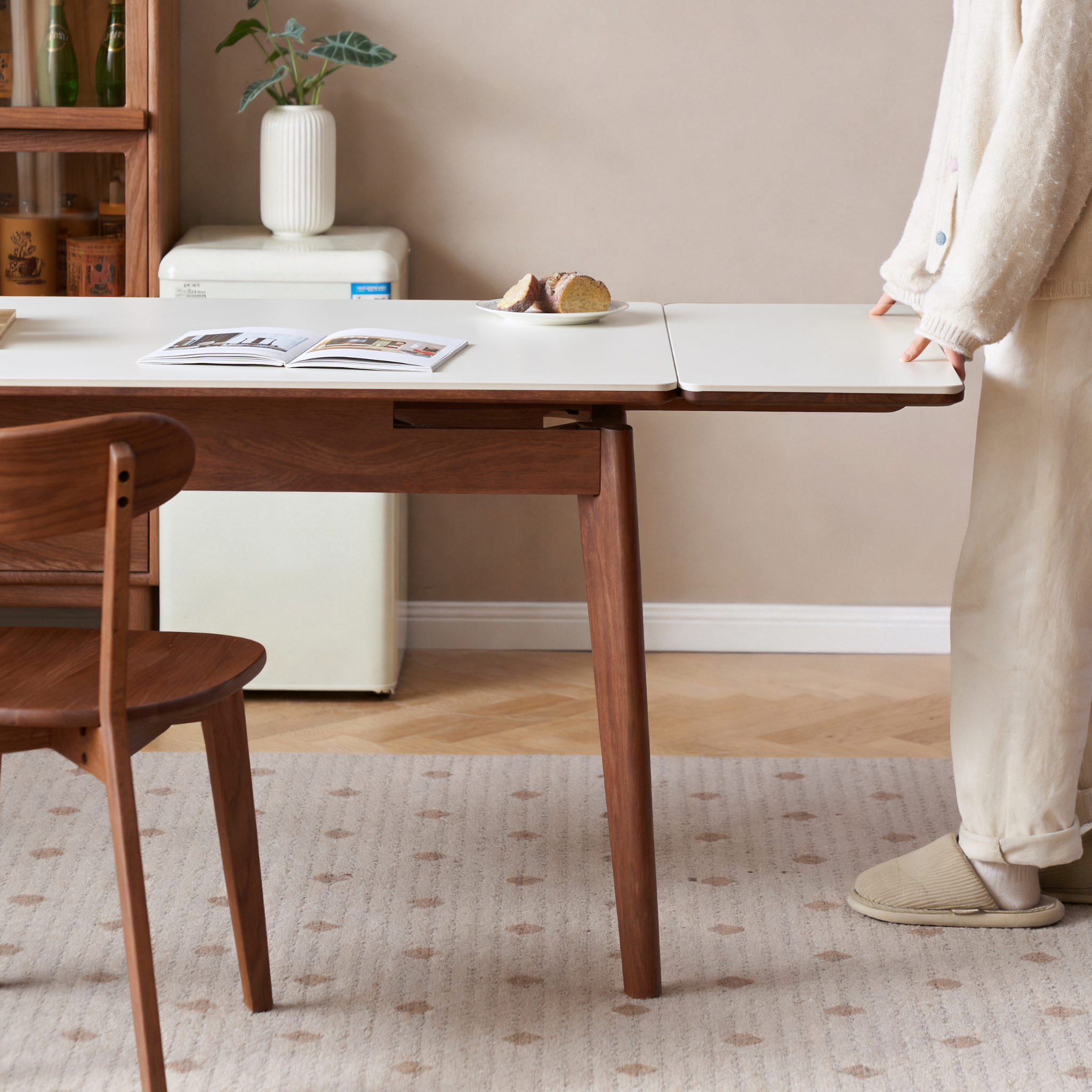 Solidwood Amber Extendable Dining Table with Sintered Stone Top, Oak, White & Dark Wood