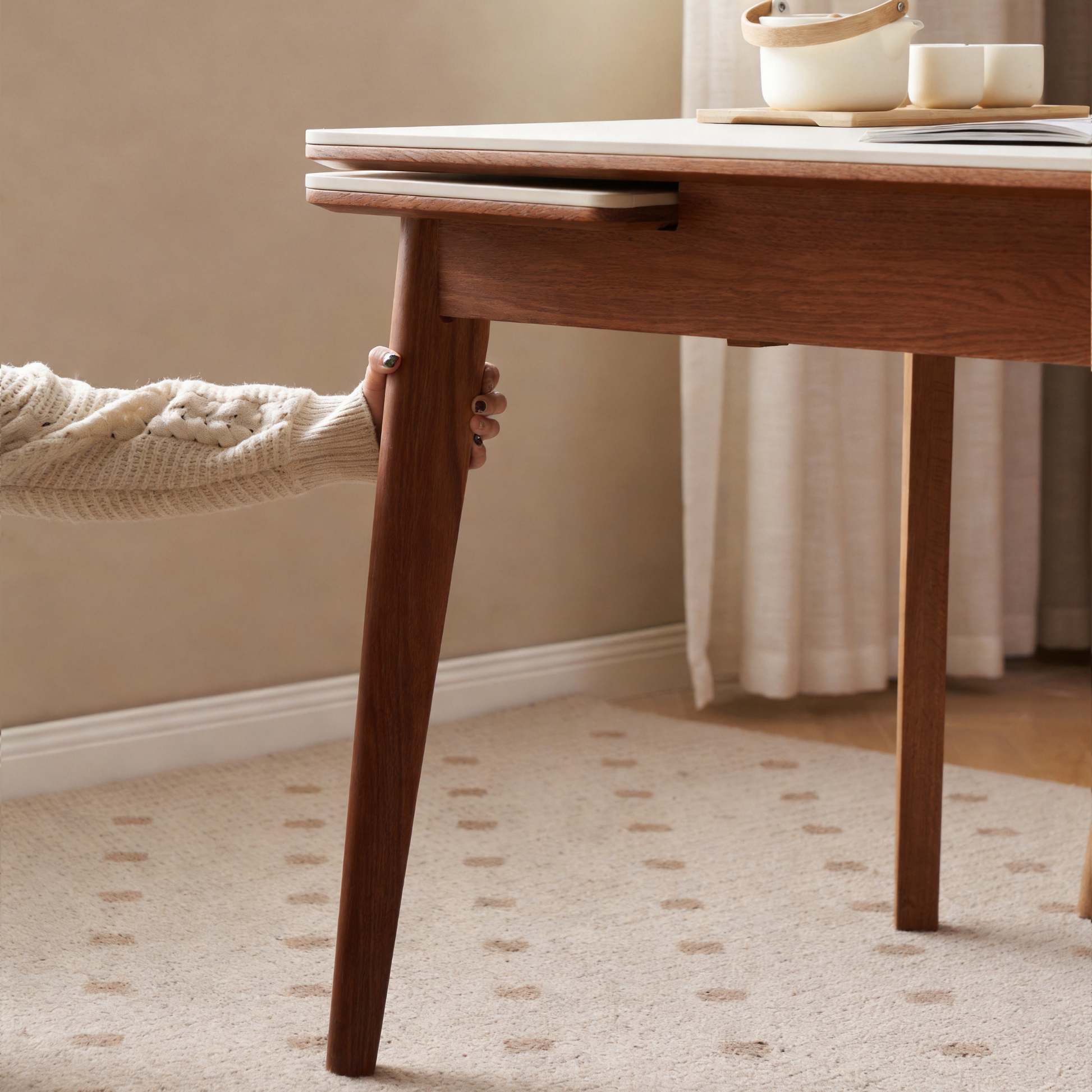 Solidwood Amber Extendable Dining Table with Sintered Stone Top, Oak, White & Dark Wood