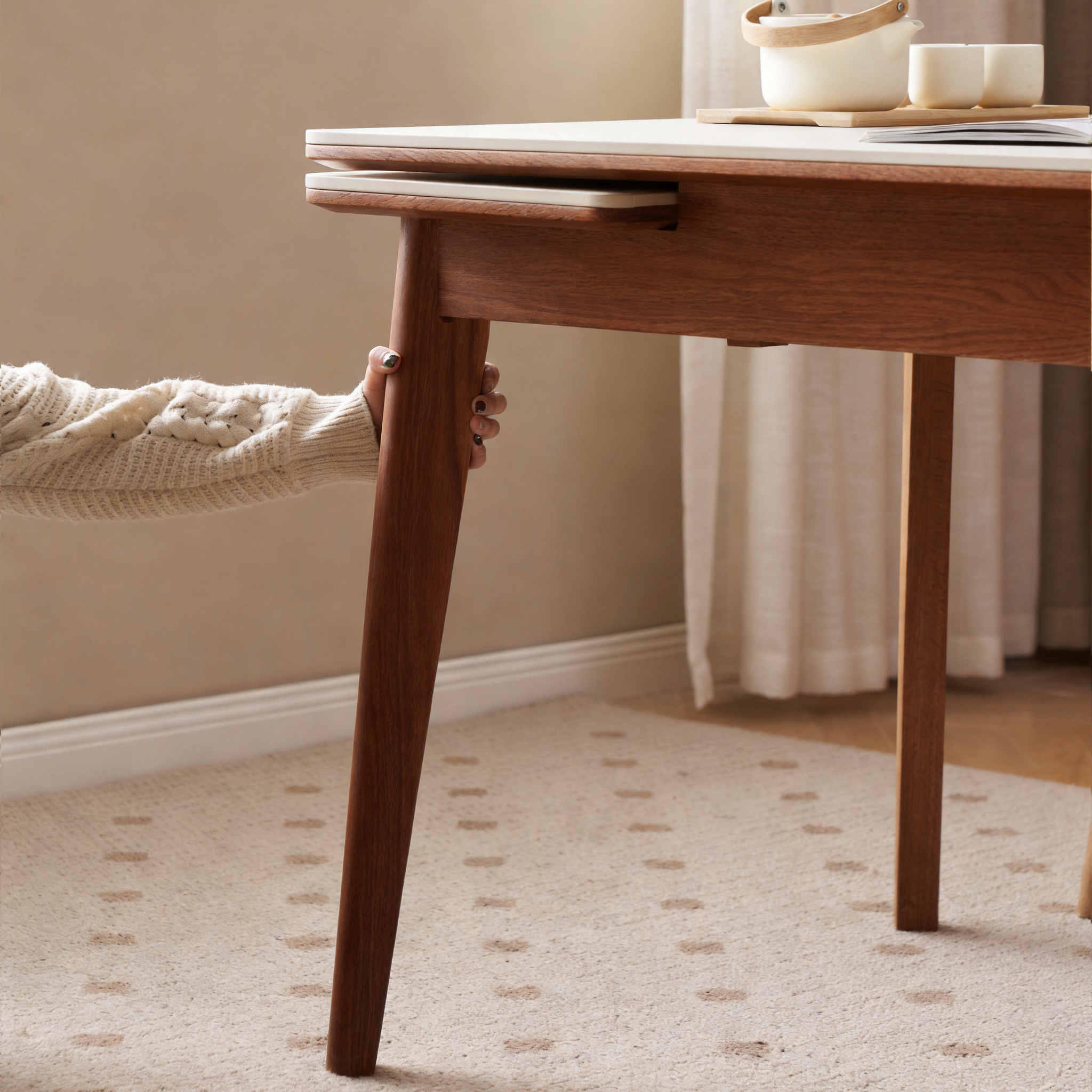 Solidwood Amber Extendable Dining Table with Sintered Stone Top, Oak, White & Dark Wood