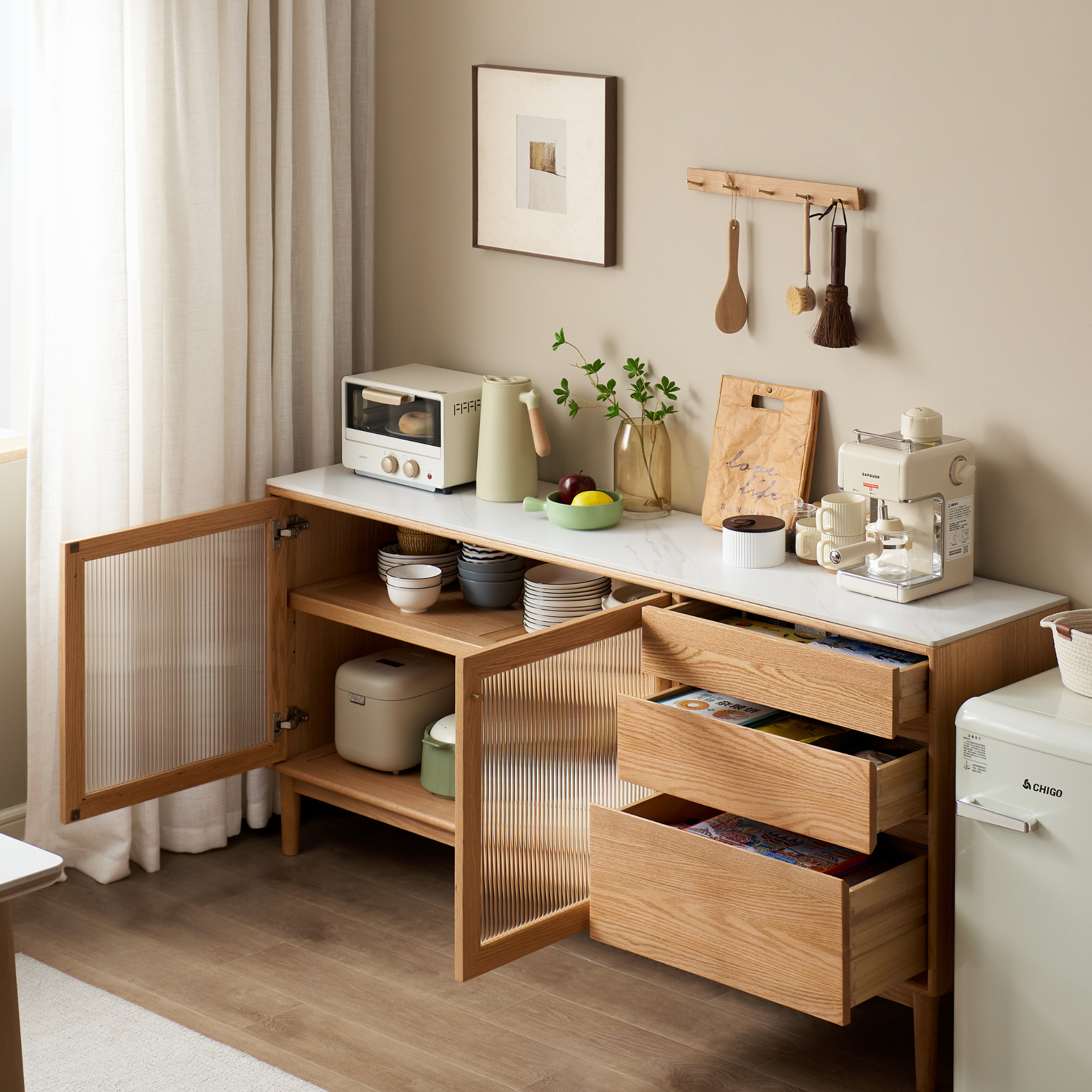 Solidwood Hemura Sideboard with Sintered Stone Top, Oak