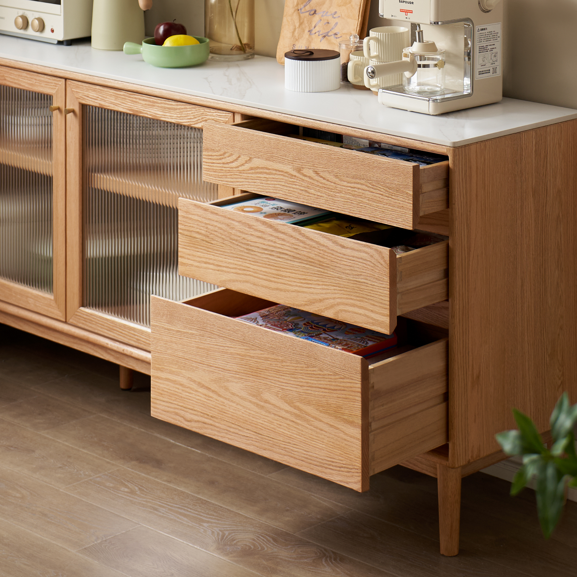 Solidwood Hemura Sideboard with Sintered Stone Top, Oak