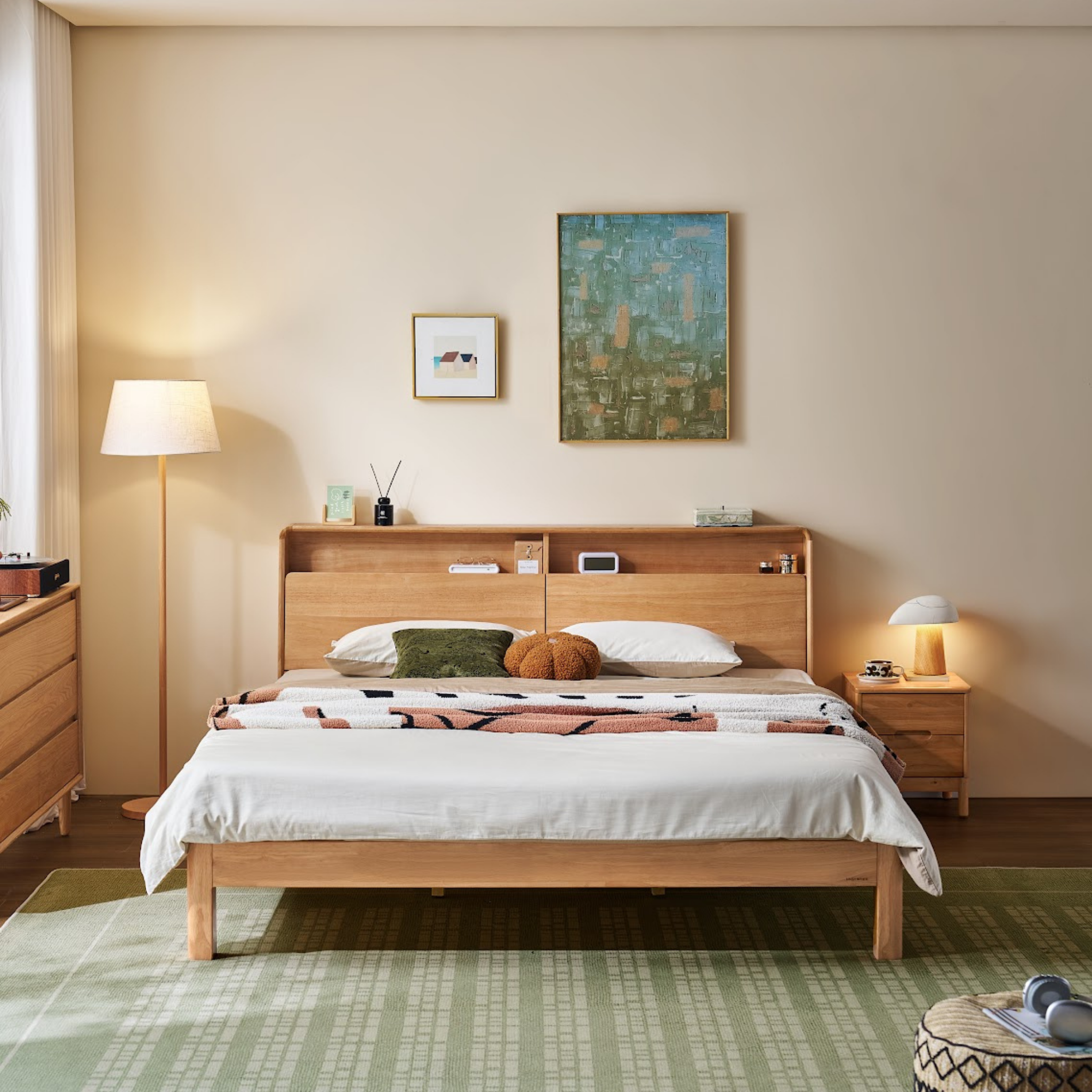 Linspire Aspen Solid Wood Bed Frame with Storage Headboard, Natural Wood