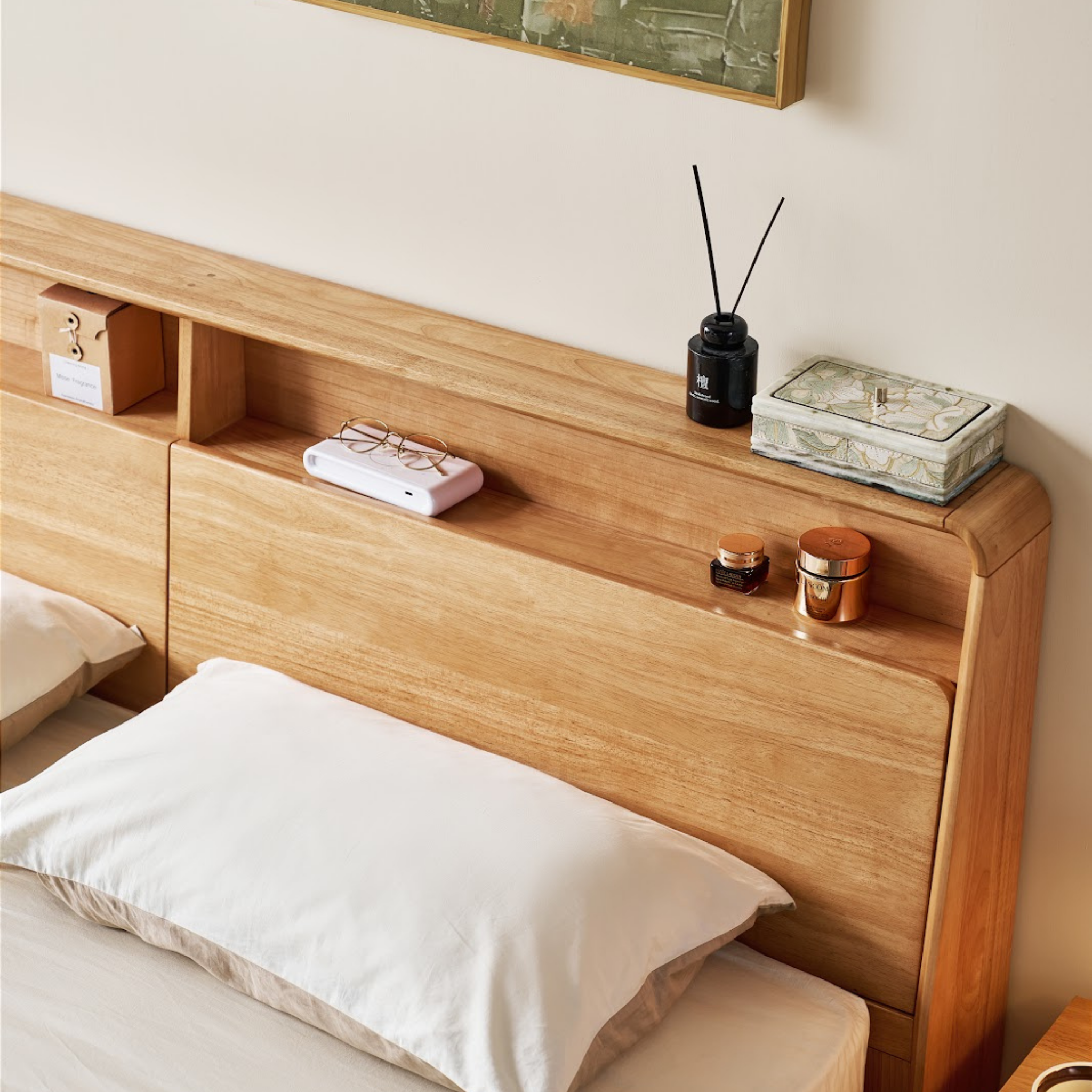 Linspire Aspen Solid Wood Bed Frame with Storage Headboard, Natural Wood