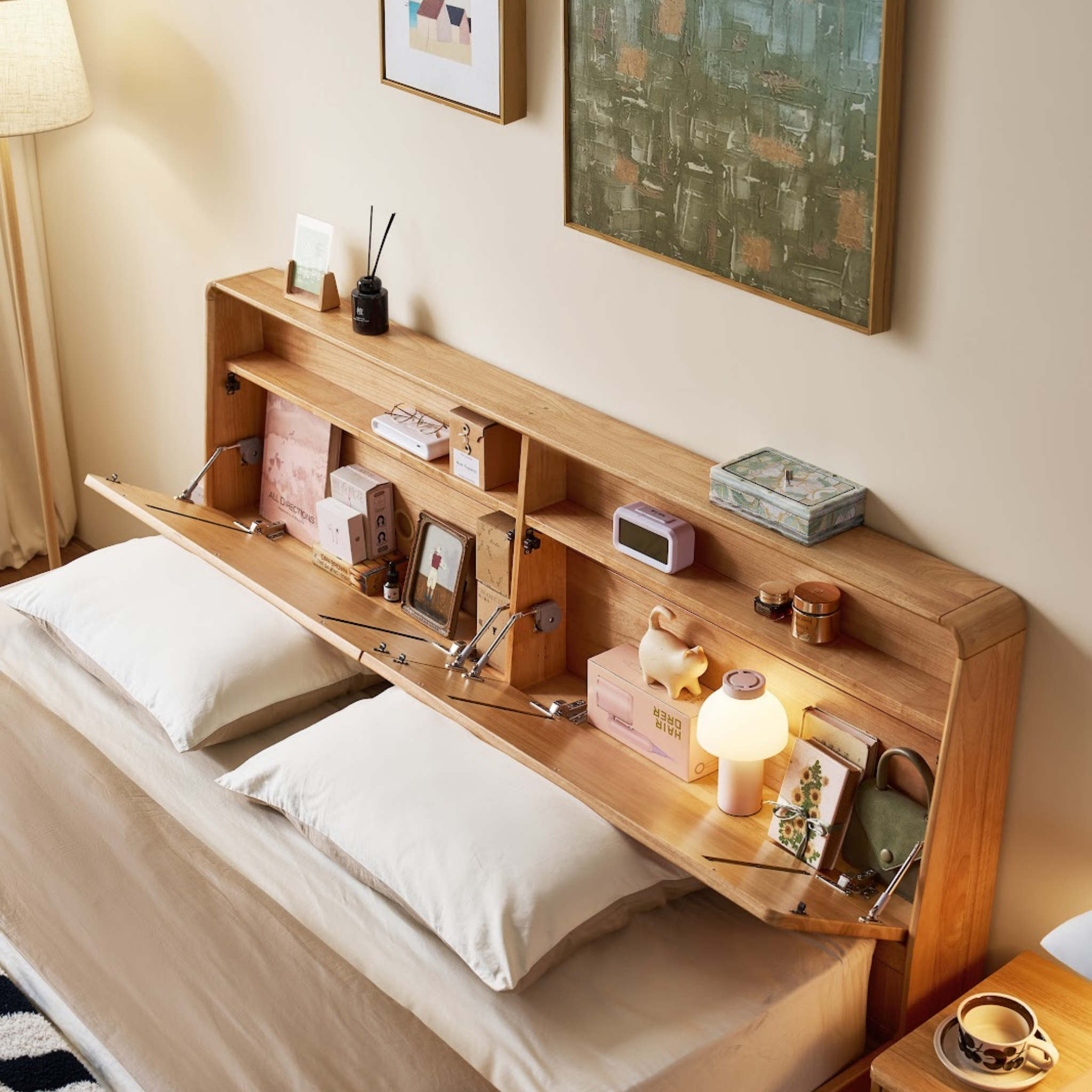 Linspire Aspen Solid Wood Bed Frame with Storage Headboard, Natural Wood