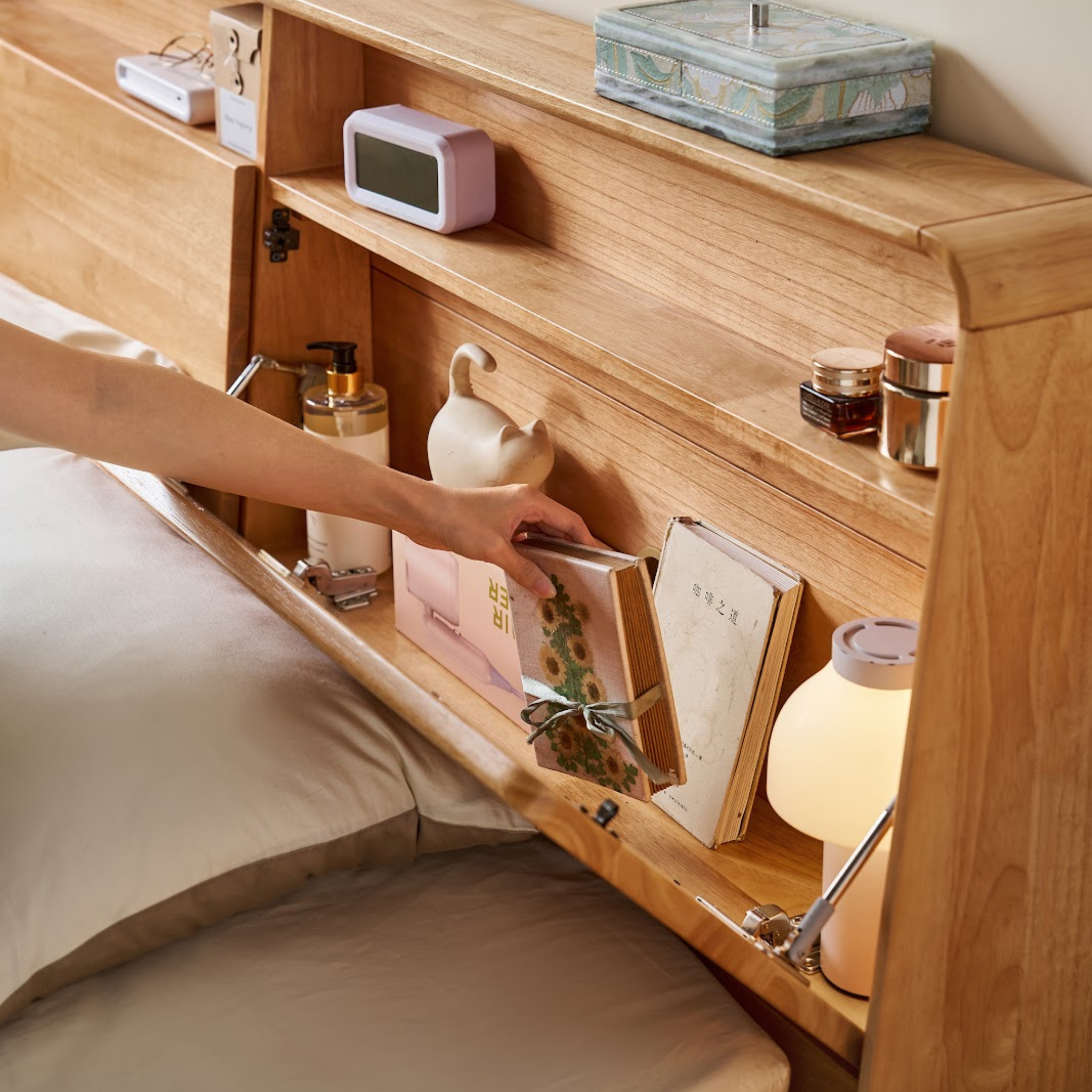 Linspire Aspen Solid Wood Bed Frame with Storage Headboard, Natural Wood