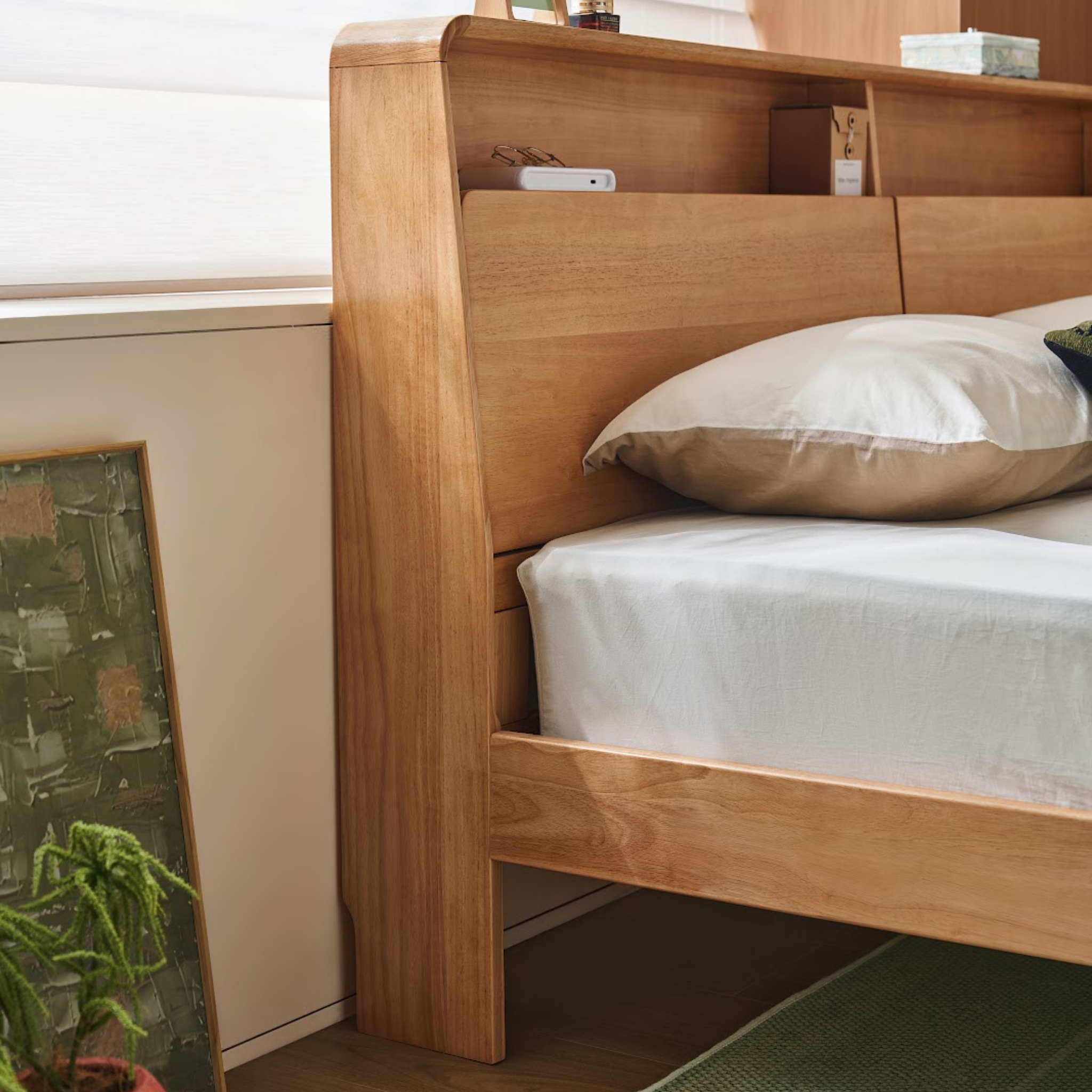 Linspire Aspen Solid Wood Bed Frame with Storage Headboard, Natural Wood