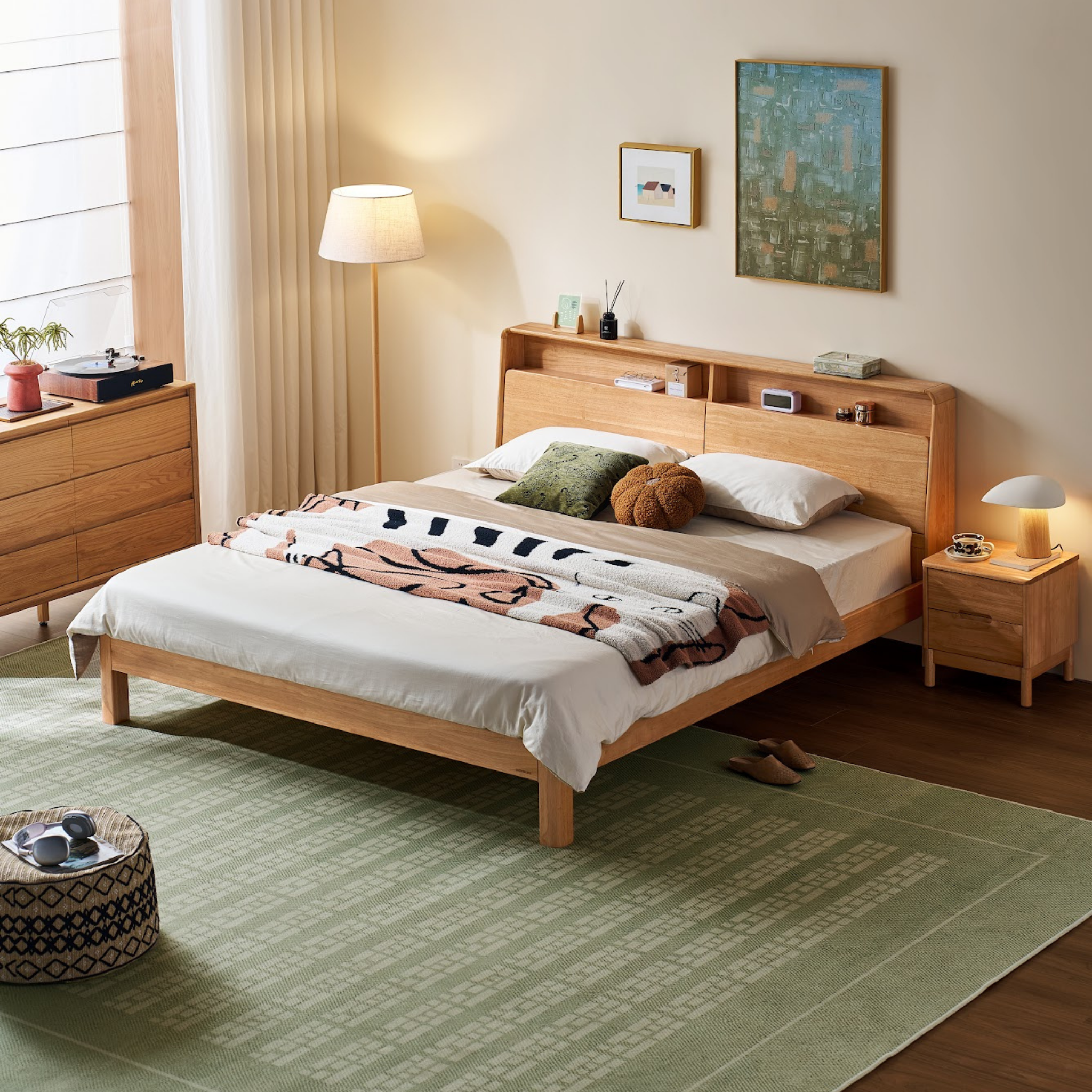 Linspire Aspen Solid Wood Bed Frame with Storage Headboard, Natural Wood