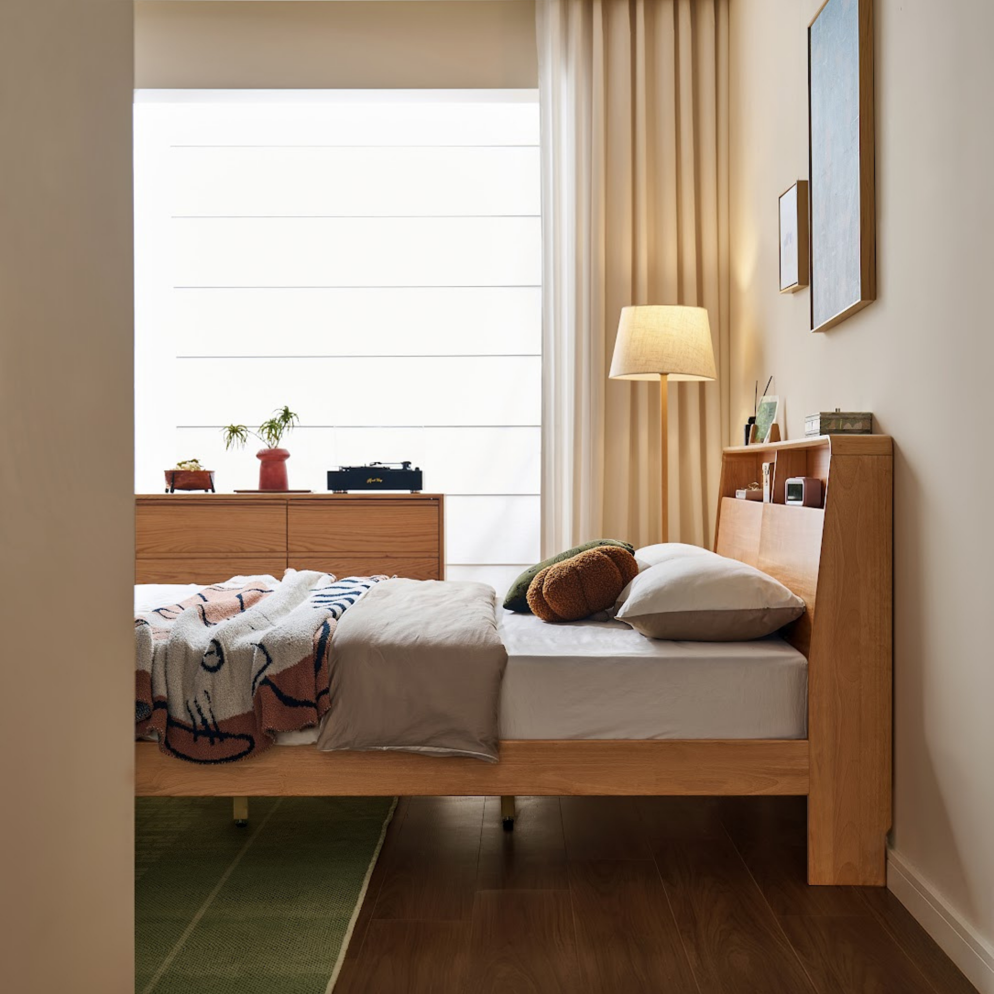 Linspire Aspen Solid Wood Bed Frame with Storage Headboard, Natural Wood