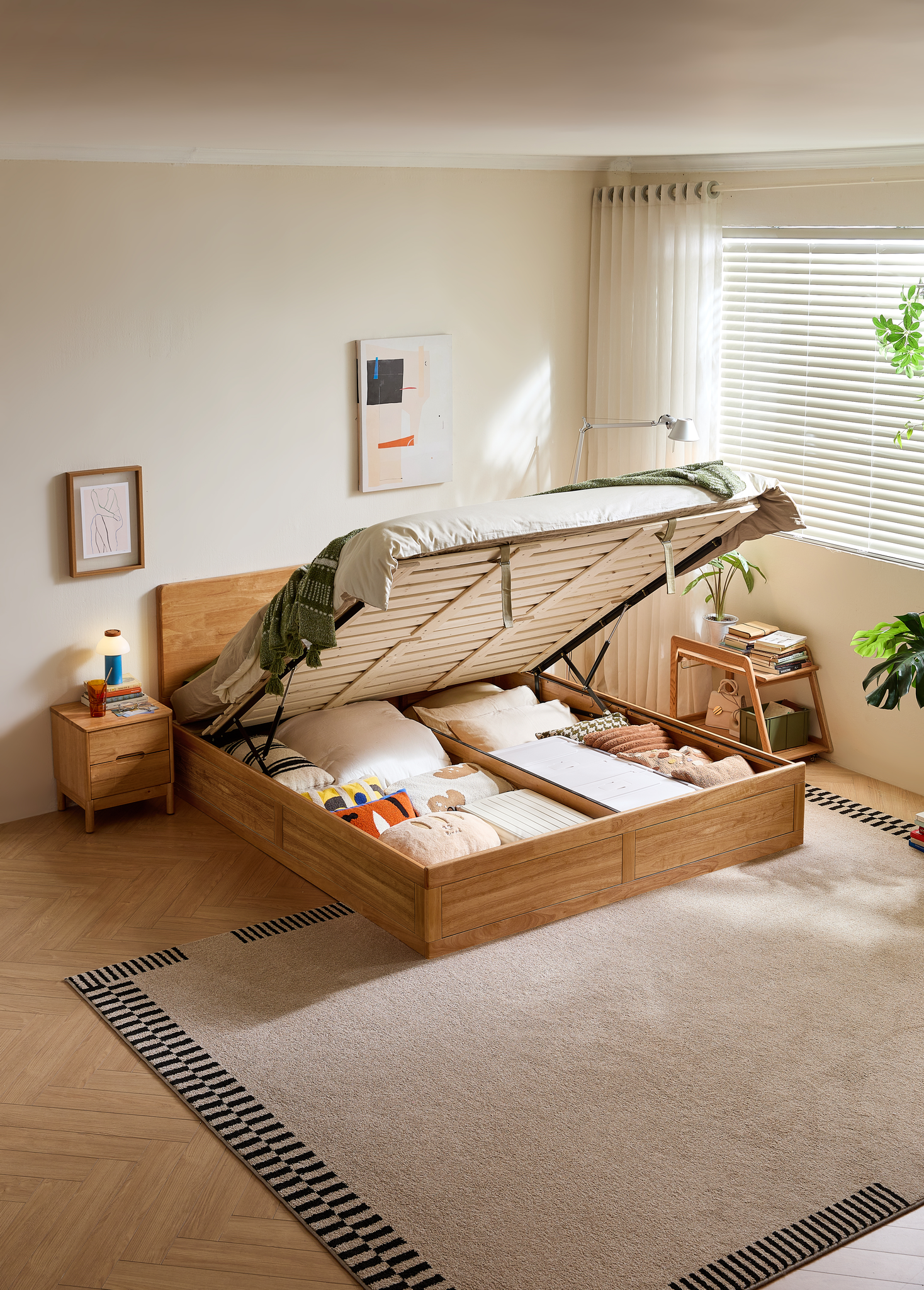 Linspire Yumi Solid Wood Storage Bed Frame, Natural Wood
