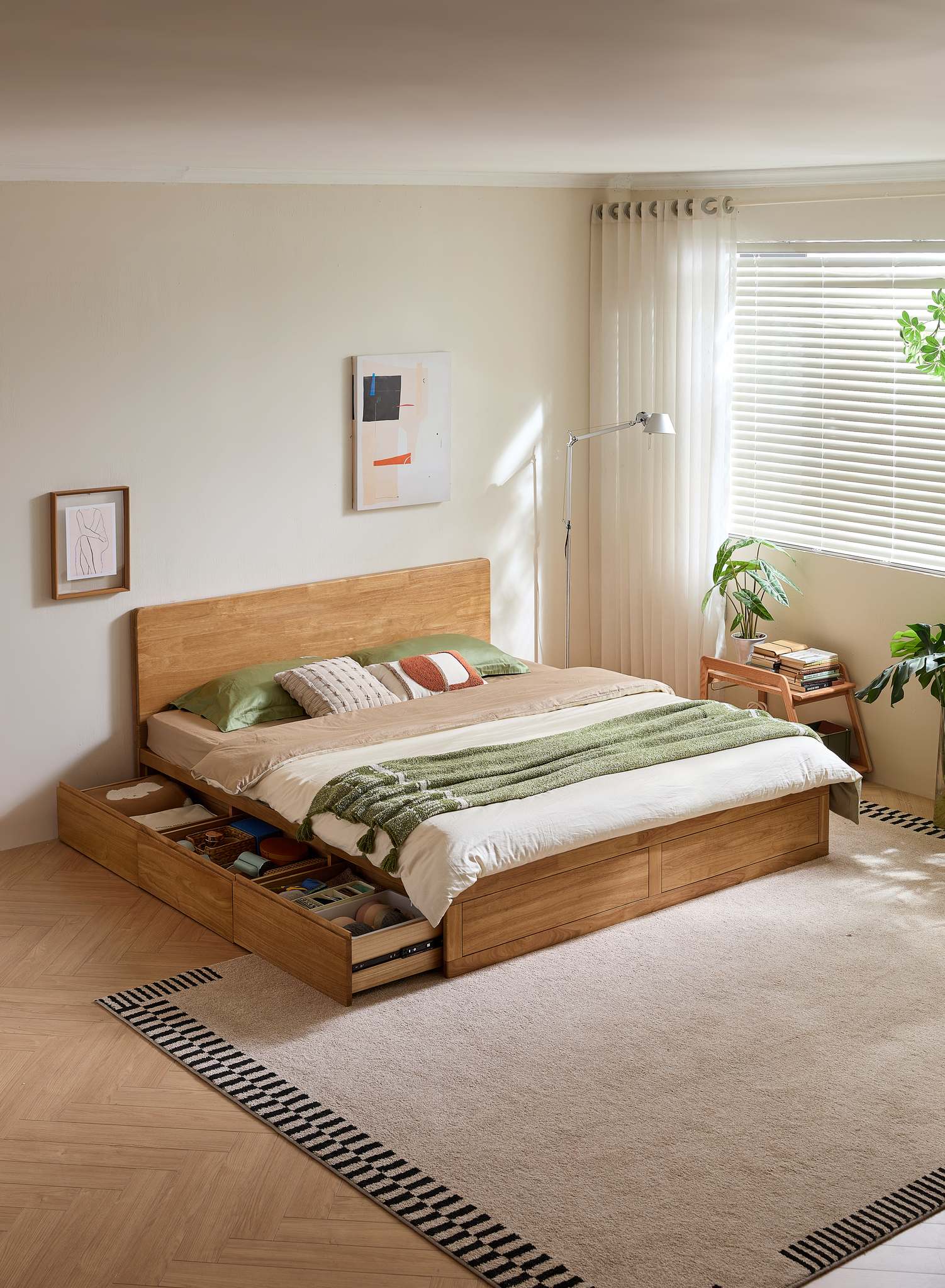 Linspire Yumi Global Super King Solid Wood Bed Frame with Storage Drawer