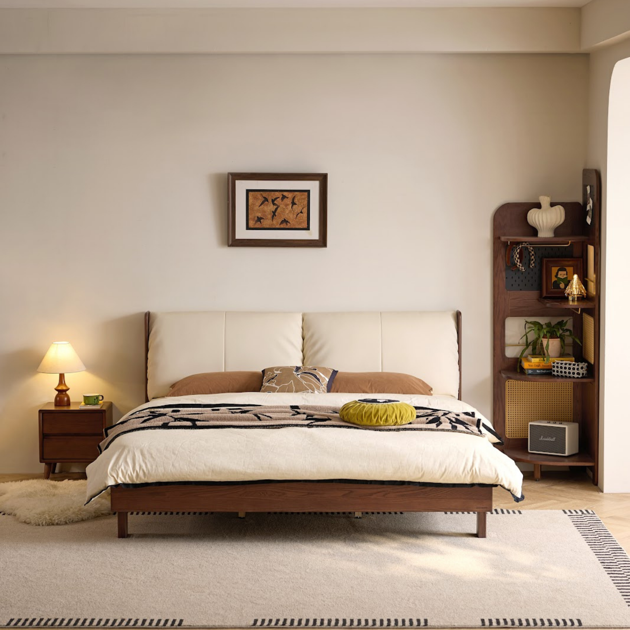 Linspire Sovona Solid Wood Upholstered Bed, Brown & White