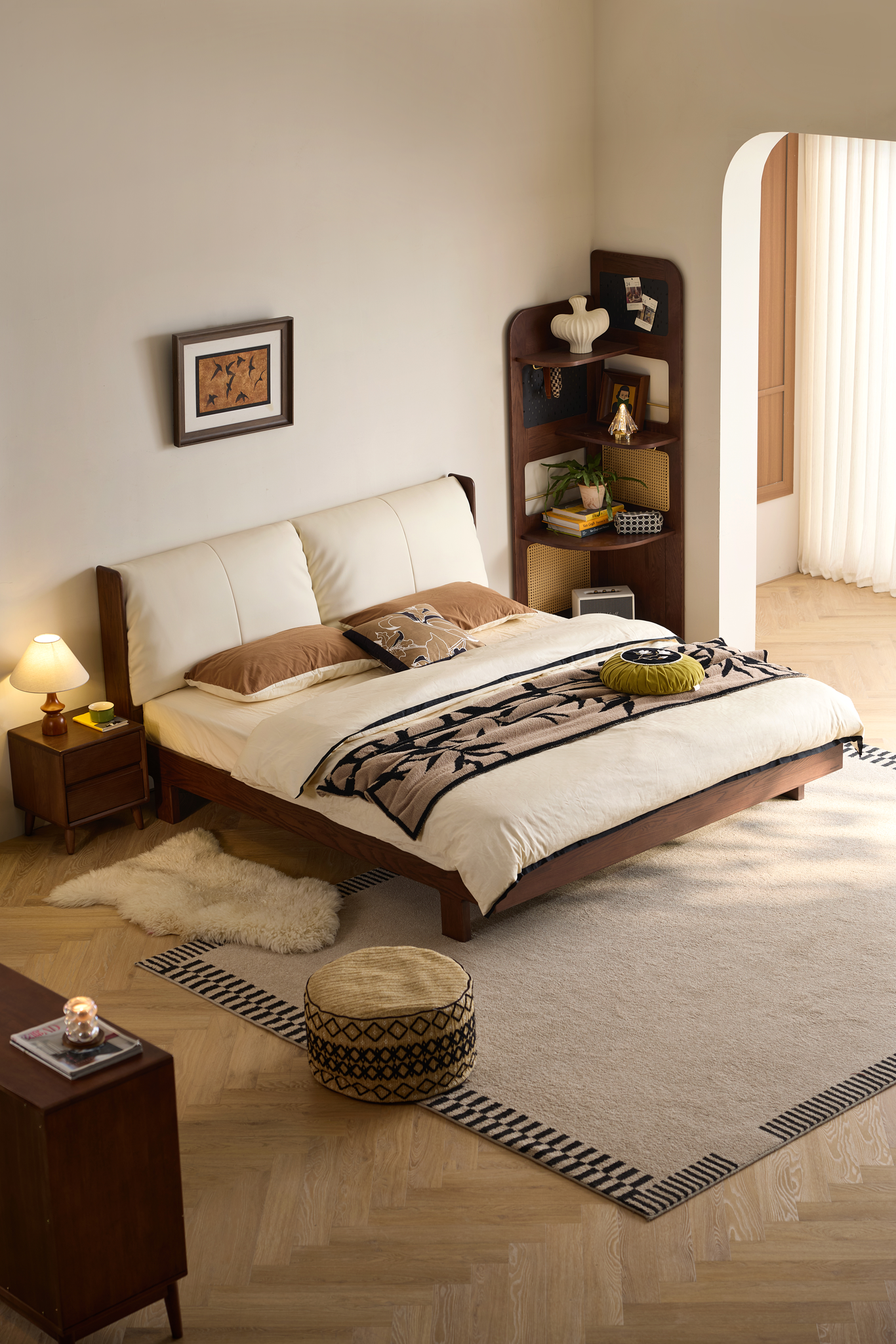 Linspire Sovona Solid Wood Upholstered Bed, Brown & White