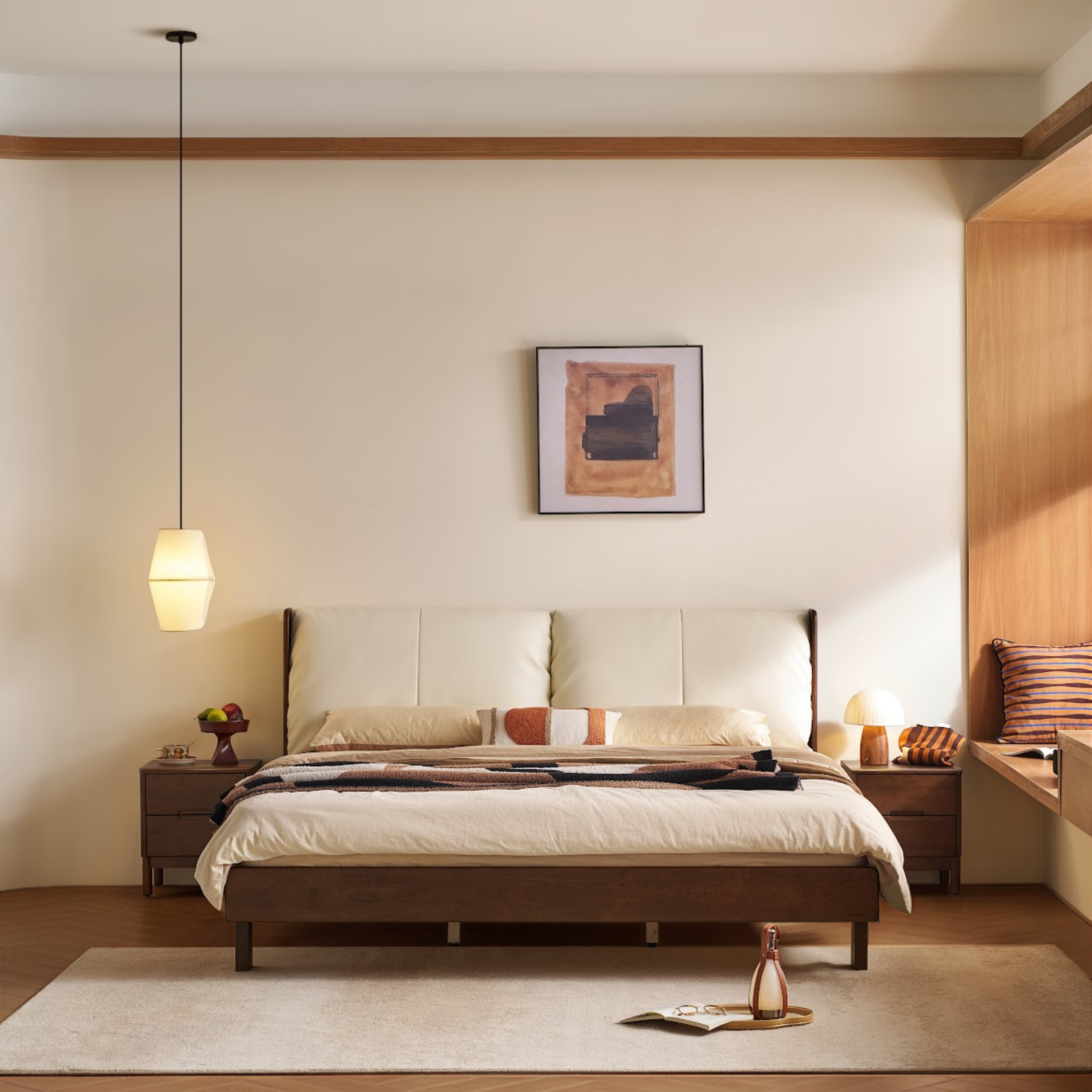 Linspire Sovona Solid Wood Upholstered Bed, Dark Wood & White