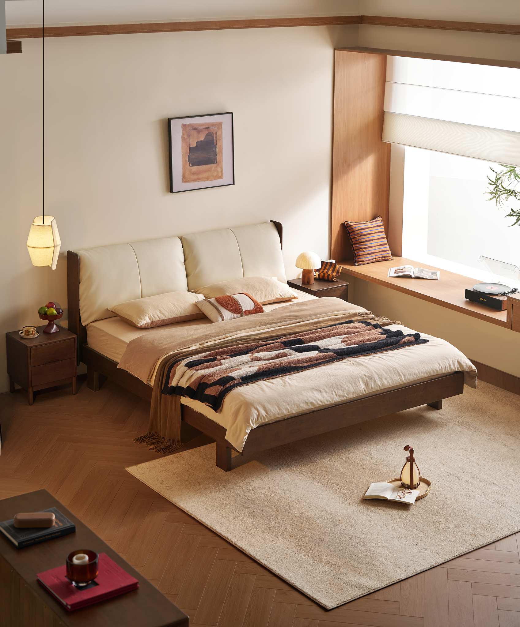 Linspire Sovona Solid Wood Upholstered Bed, Dark Wood & White