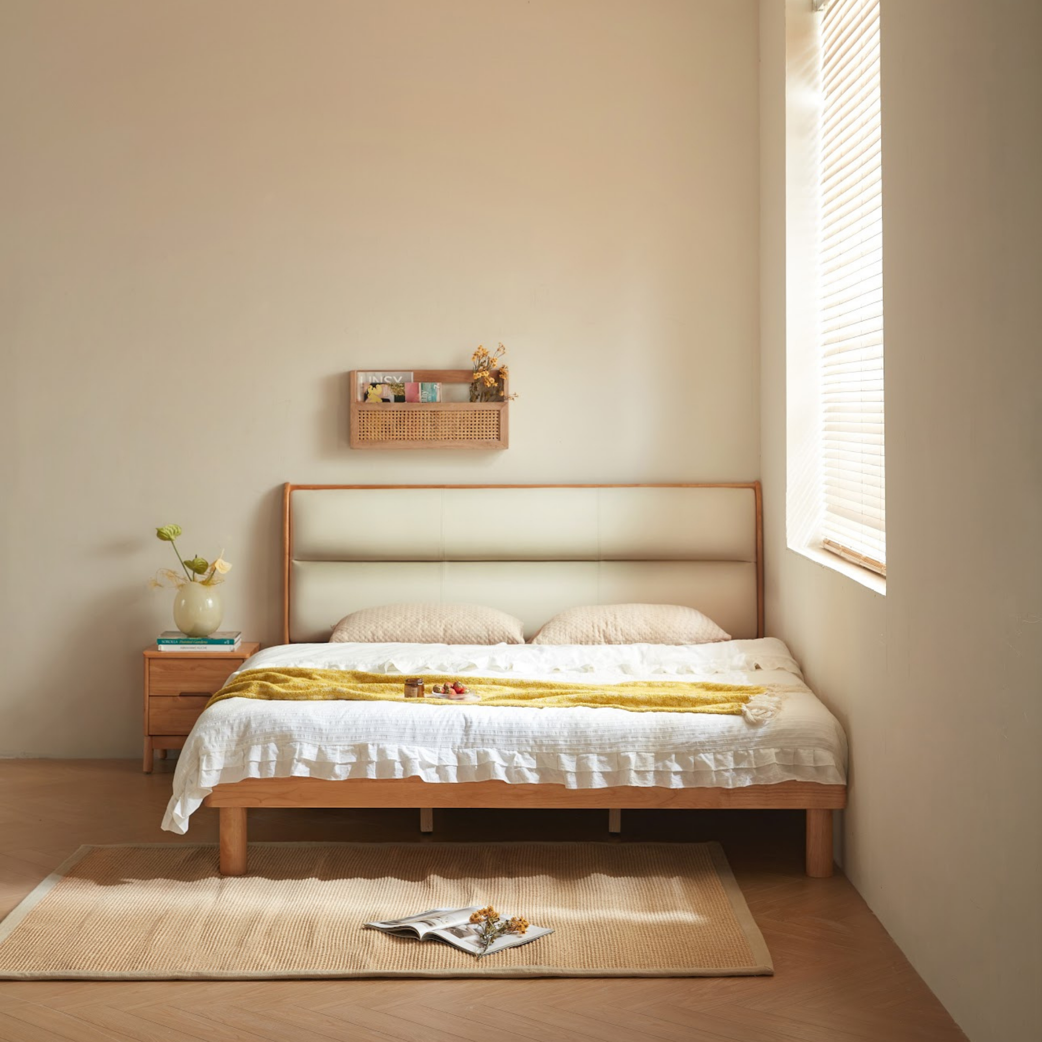 Linspire Varen Solid Wood Upholstered Bed, Natural Wood