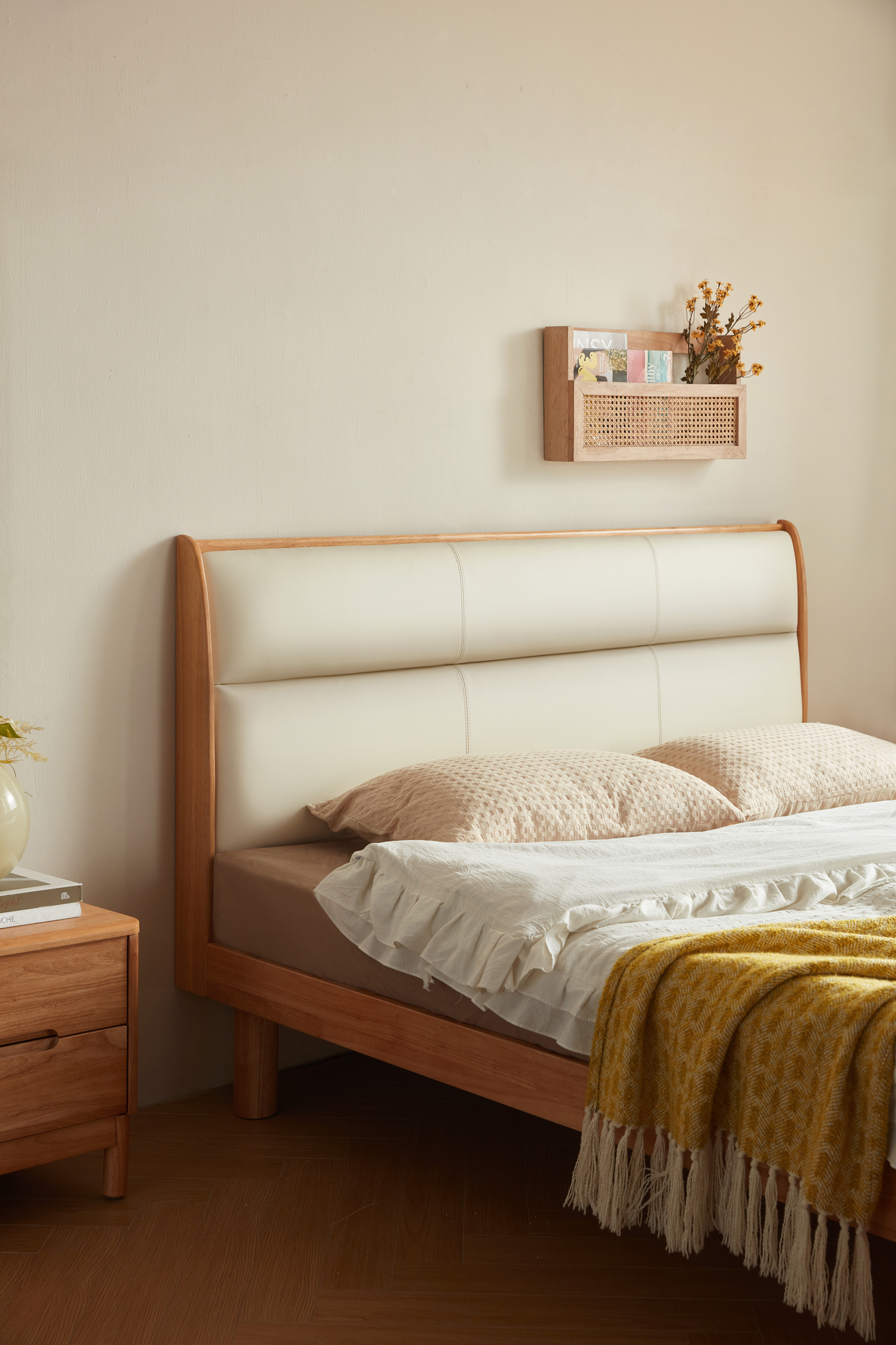 Linspire Varen Solid Wood Upholstered Bed, Natural Wood