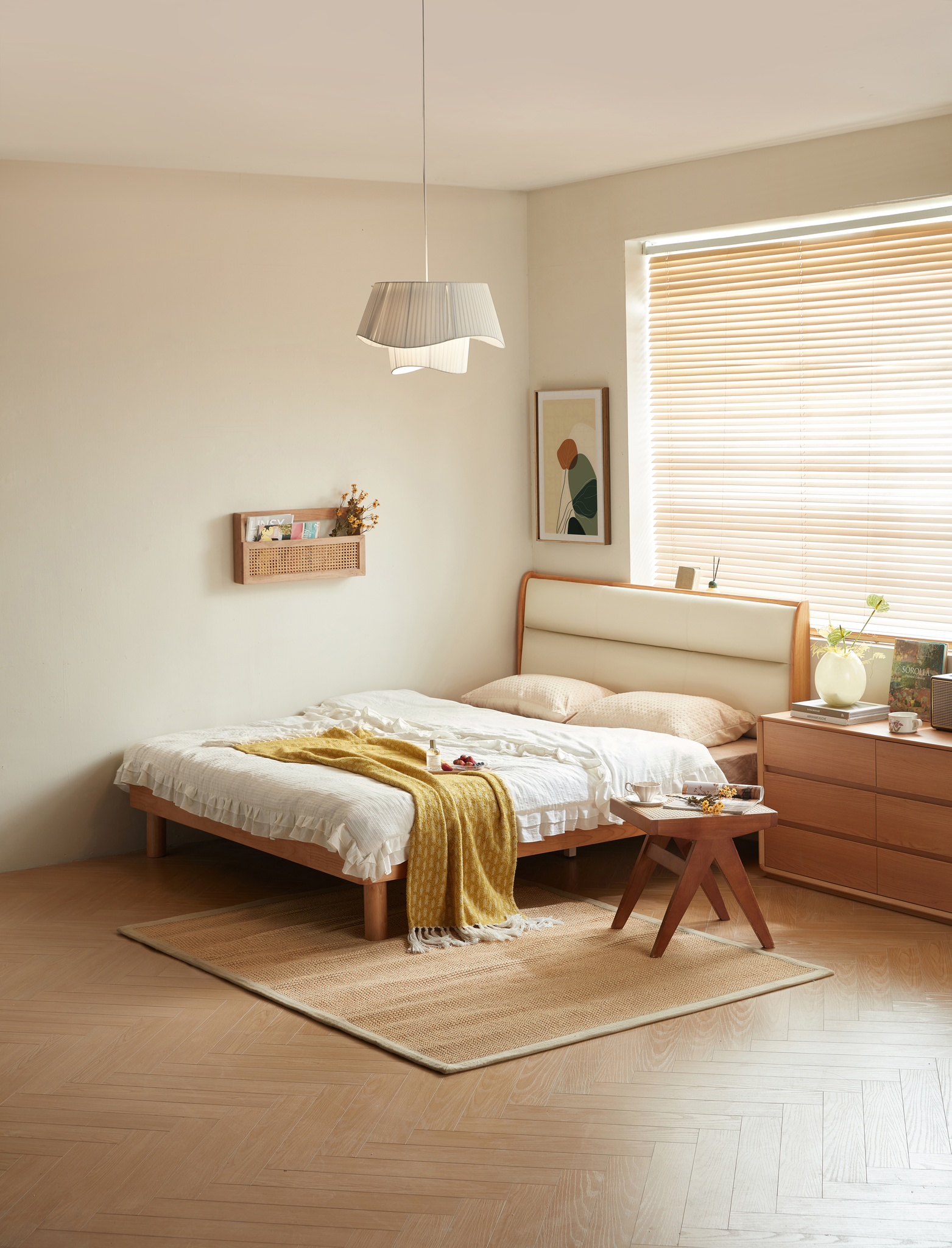 Linspire Varen Solid Wood Upholstered Bed, Natural Wood