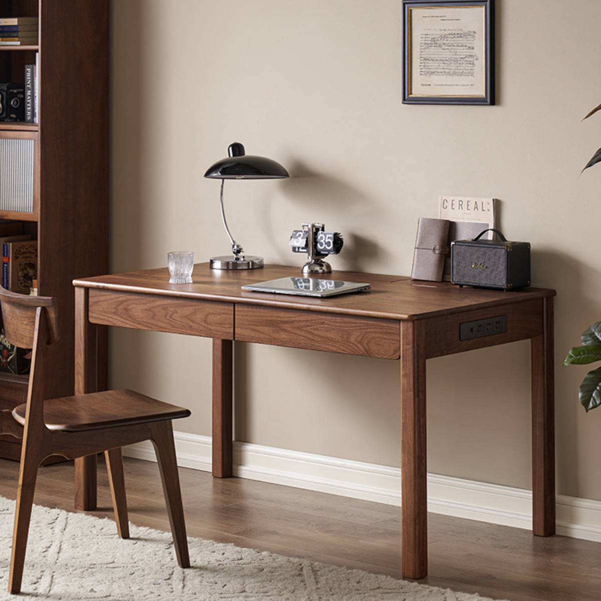 Solidwood Luxembourg Office Desk with 2 Drawers, American Black Walnut, W100cm