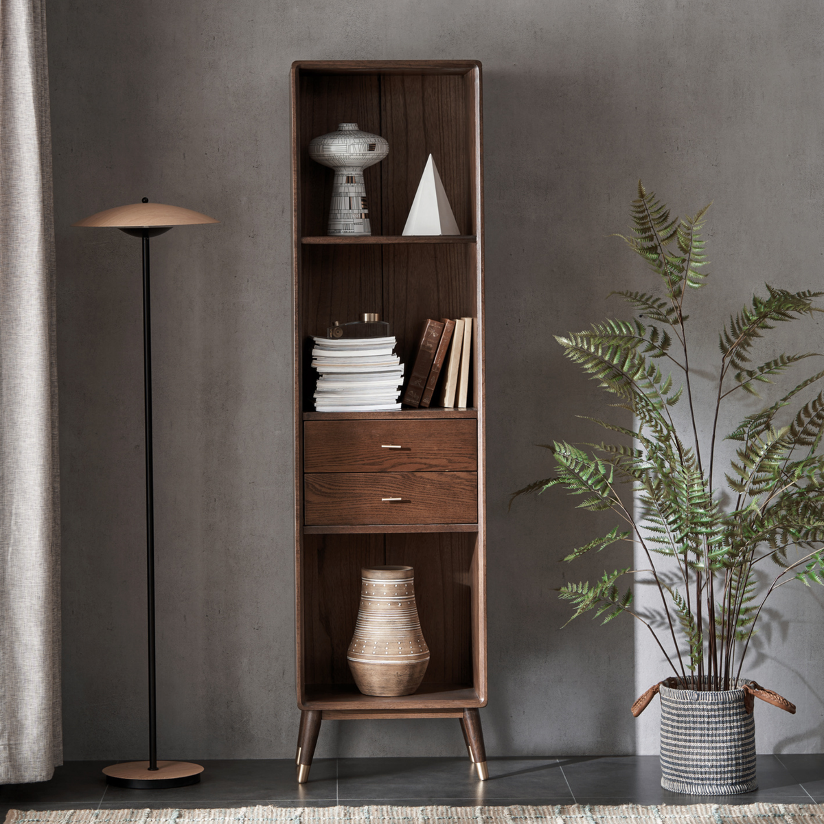 Solidwood Seattle Open Bookcase with 2 Drawers, Walnut Oak, W50cm