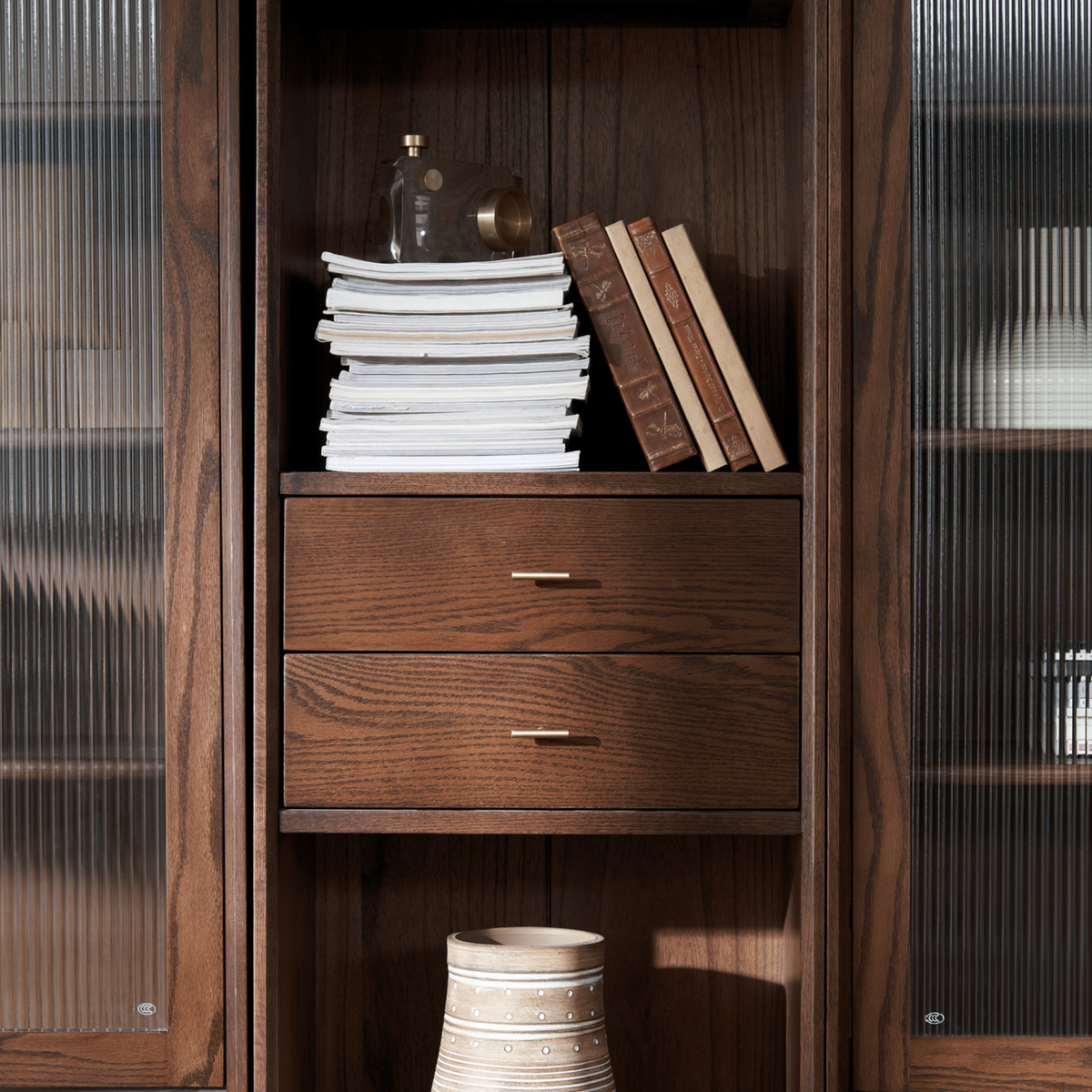 Solidwood Seattle Open Bookcase with 2 Drawers, Walnut Oak, W50cm