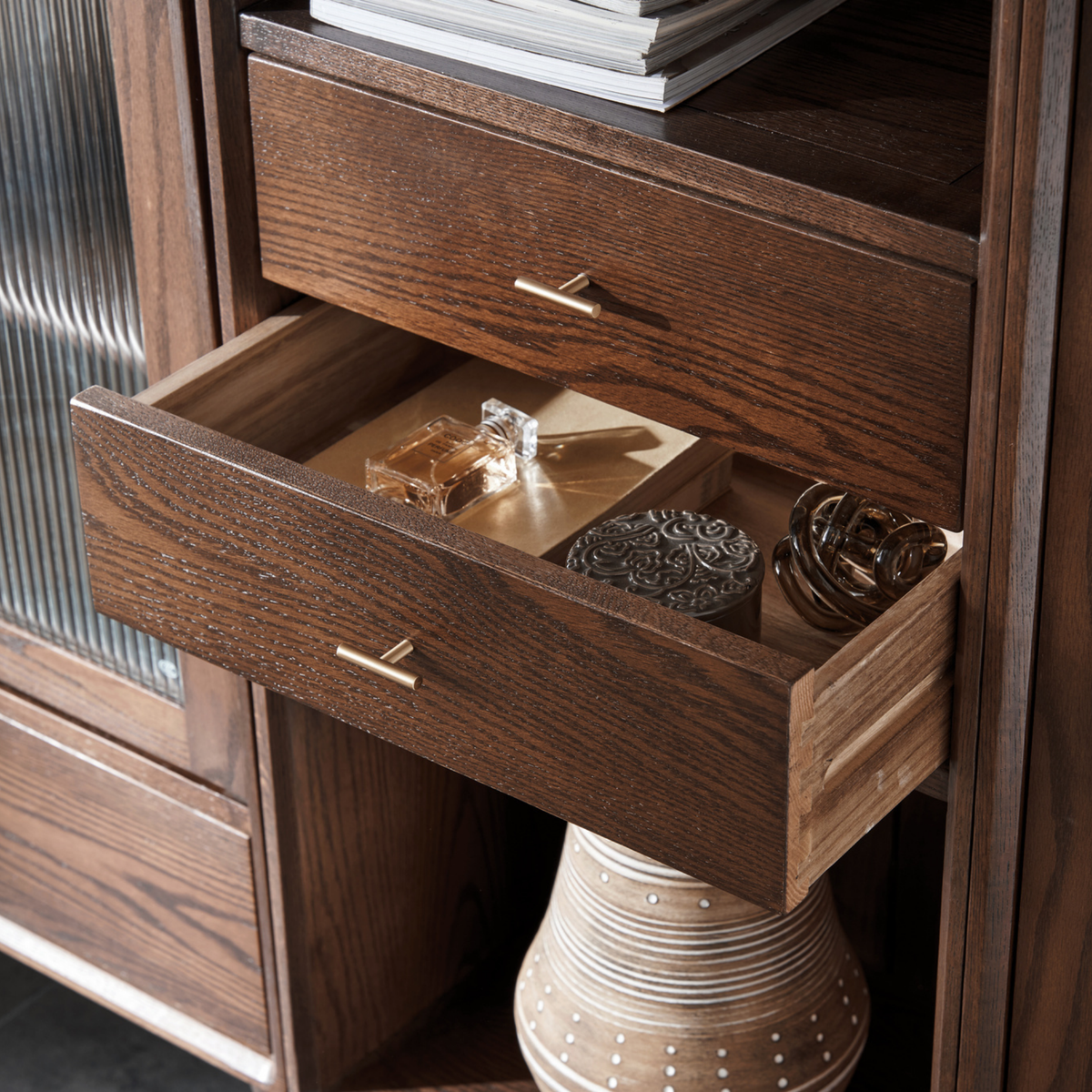 Solidwood Seattle Open Bookcase with 2 Drawers, Walnut Oak, W50cm