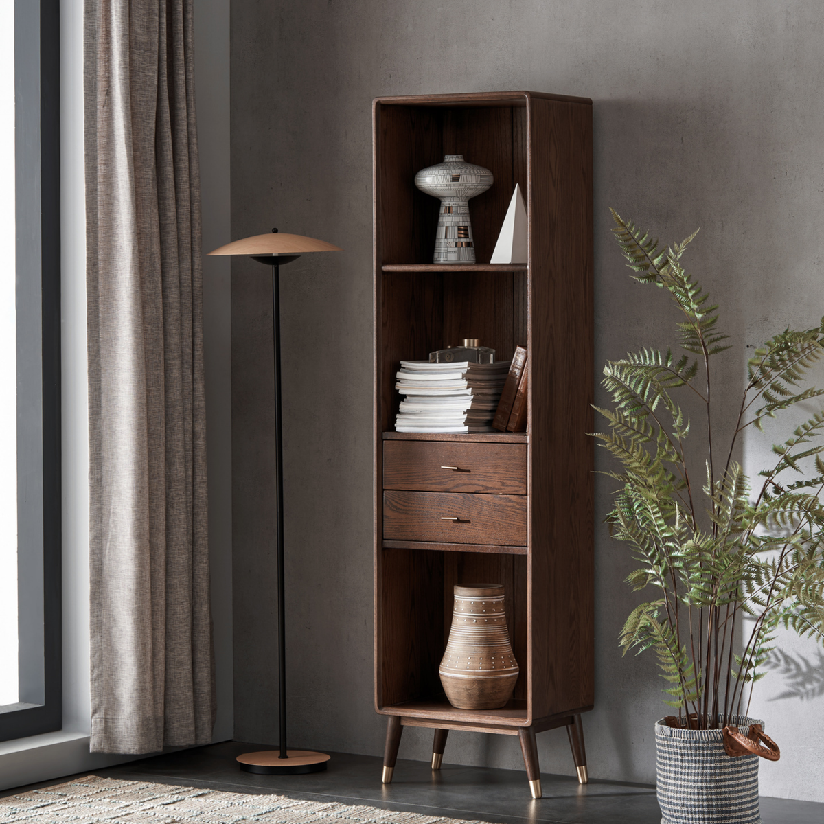 Solidwood Seattle Open Bookcase with 2 Drawers, Walnut Oak, W50cm