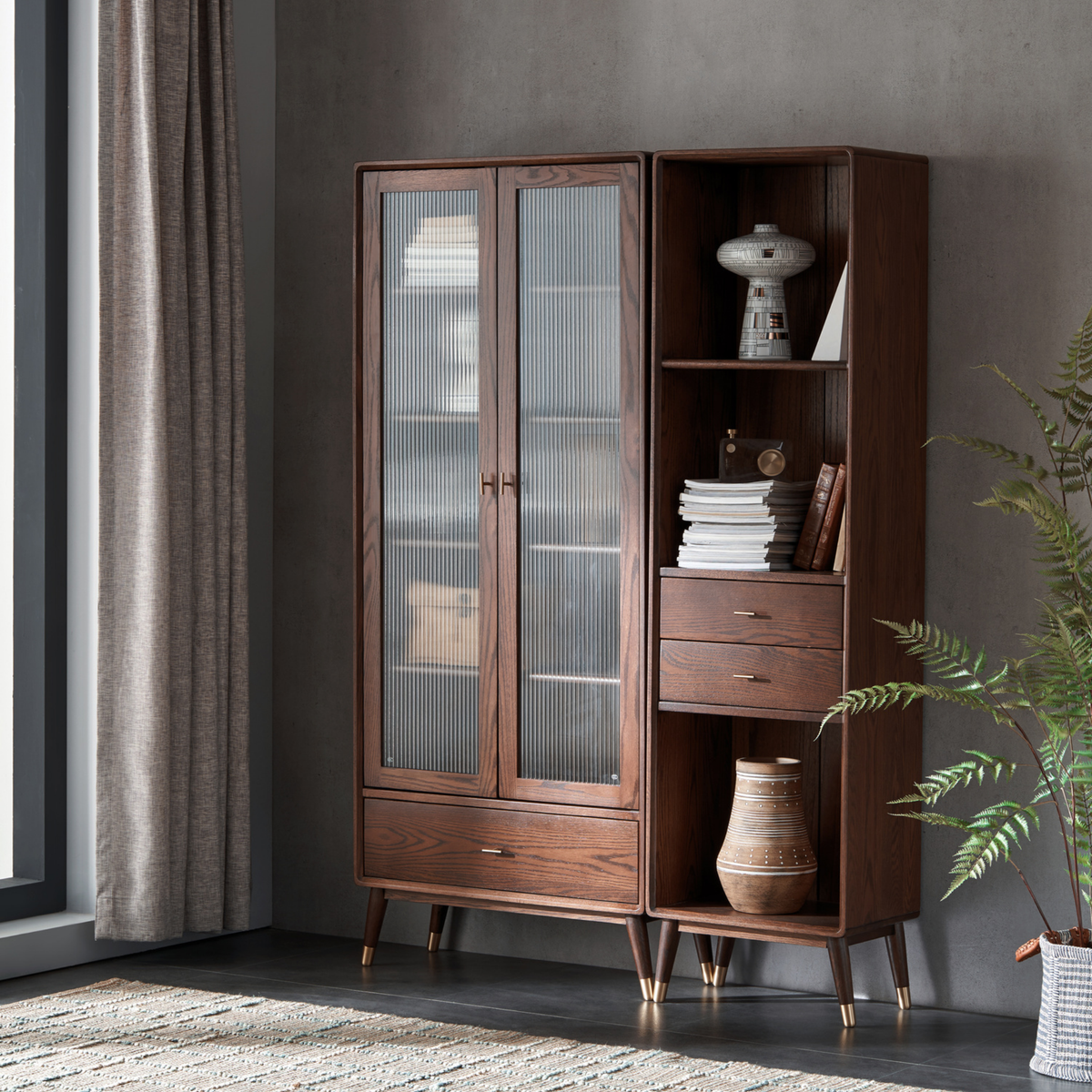 Solidwood Seattle Open Bookcase with 2 Drawers, Walnut Oak, W50cm