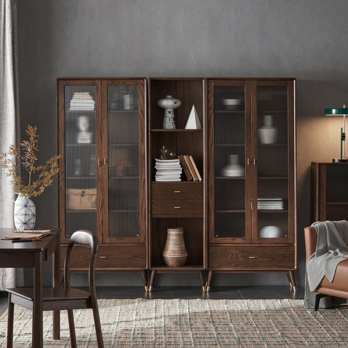 Solidwood Seattle Open Bookcase with 2 Drawers, Walnut Oak, W50cm