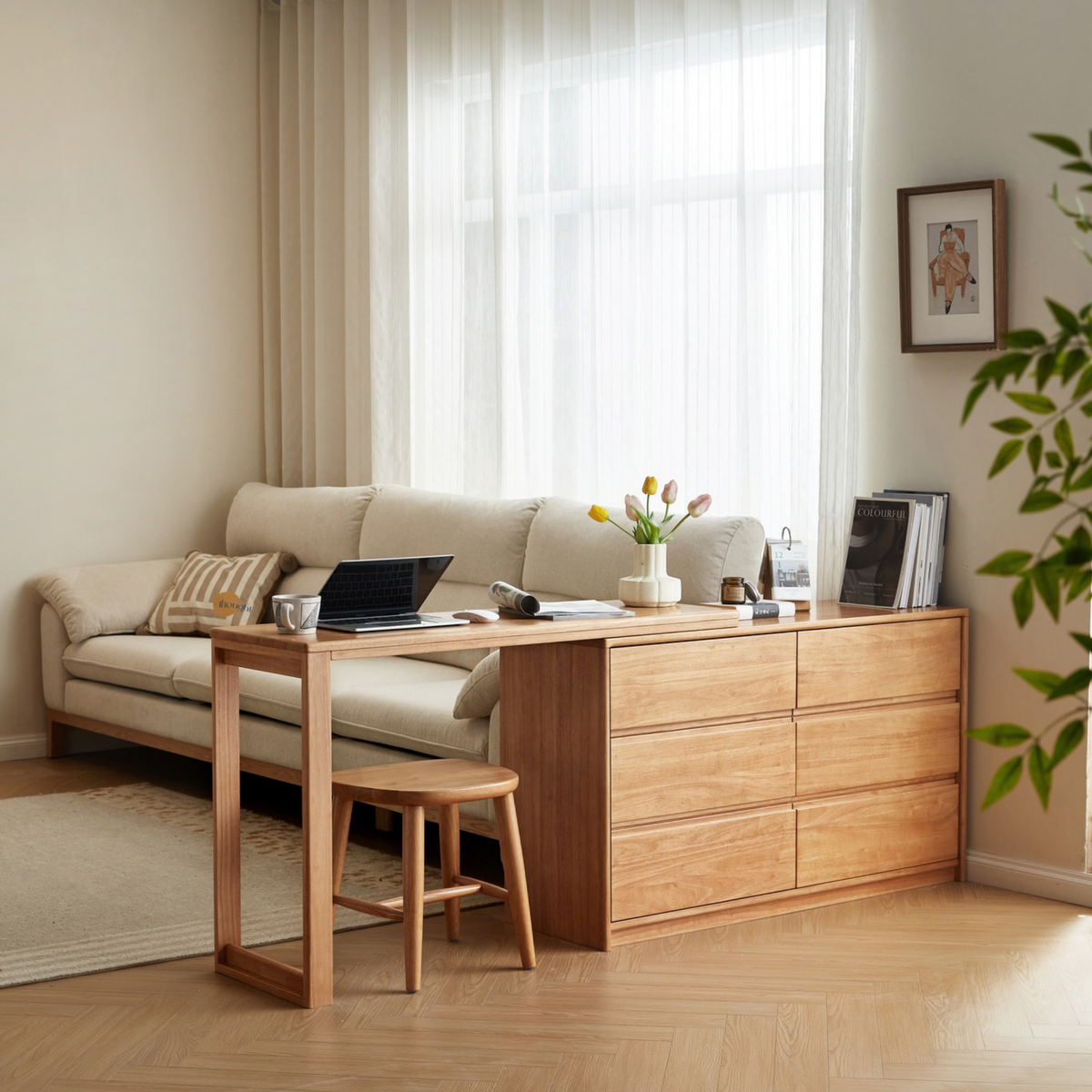 Linspire Yumi Solid Wood Dressing Table with Chest of 6 Drawers