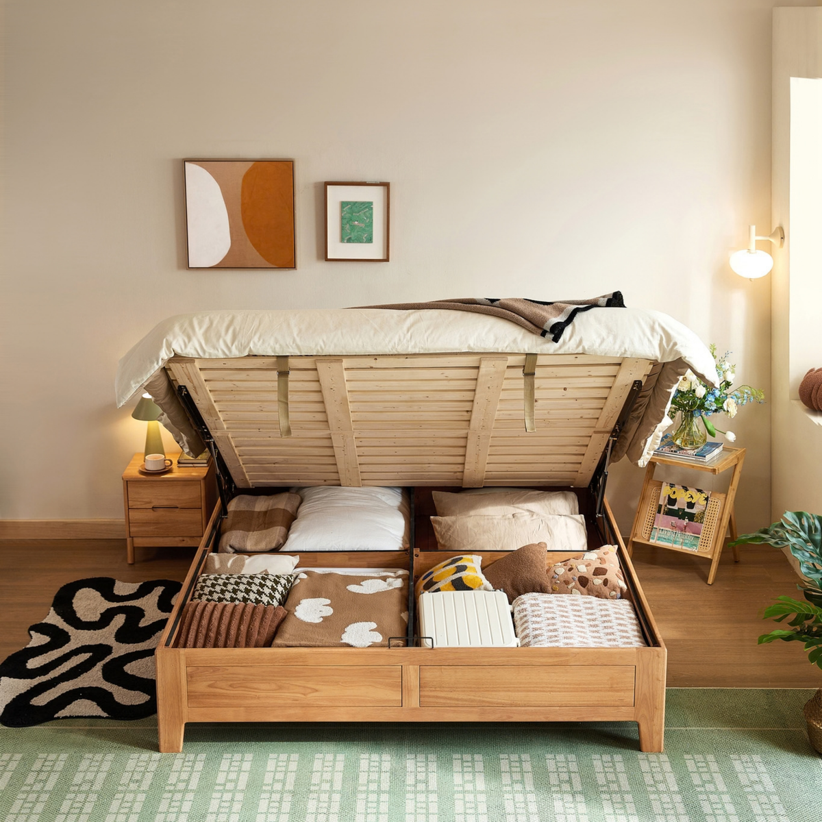 Linspire Yumi Lift-Up Storage Solid Wood Bed Frame with Raised Leg, Natural Wood