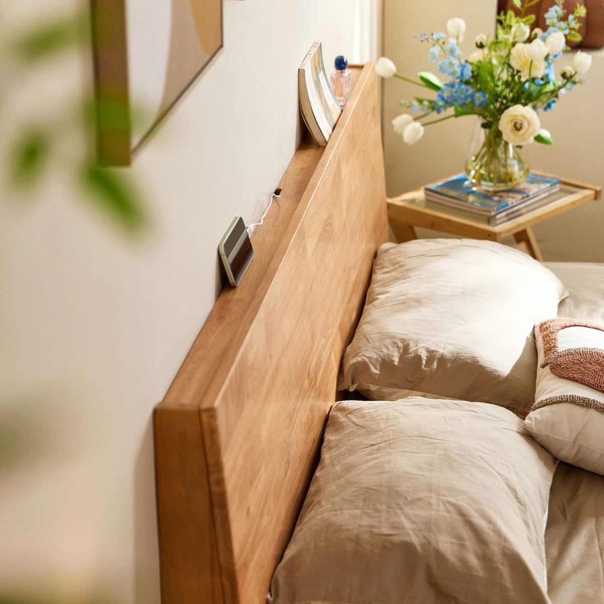Linspire Yumi Lift-Up Storage Solid Wood Bed Frame with Raised Leg, Natural Wood