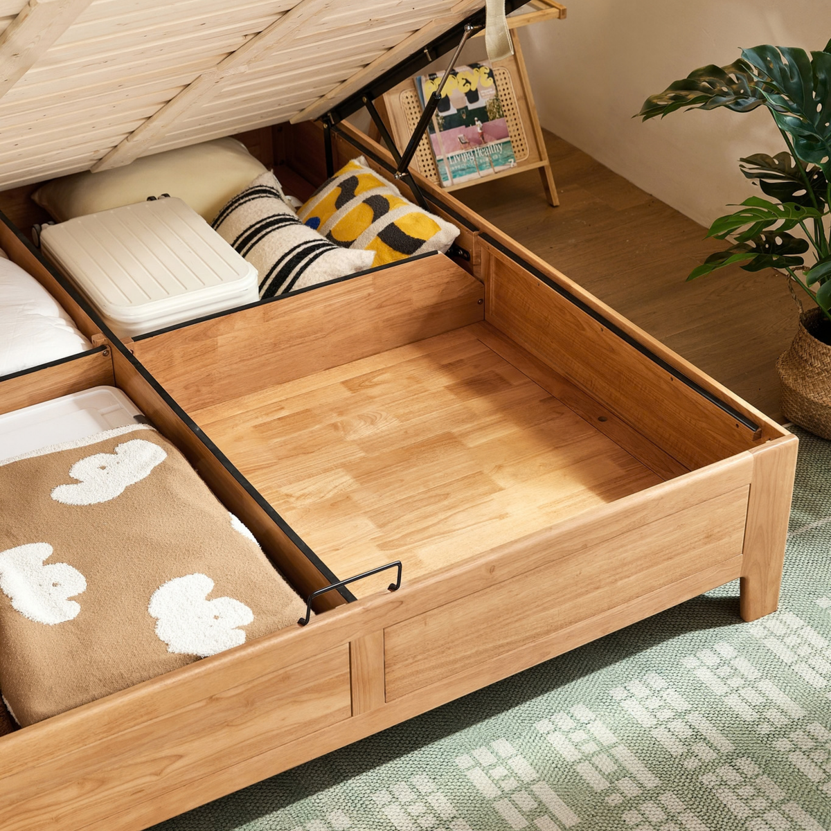 Linspire Yumi Lift-Up Storage Solid Wood Bed Frame with Raised Leg, Natural Wood