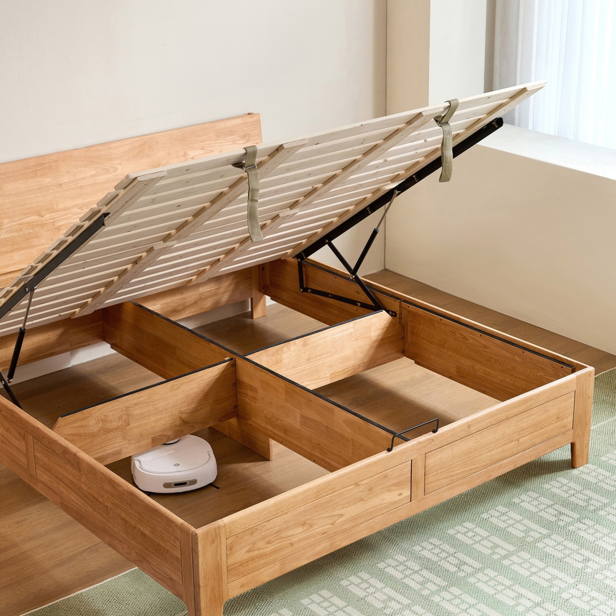 Linspire Yumi Lift-Up Storage Solid Wood Bed Frame with Raised Leg, Natural Wood